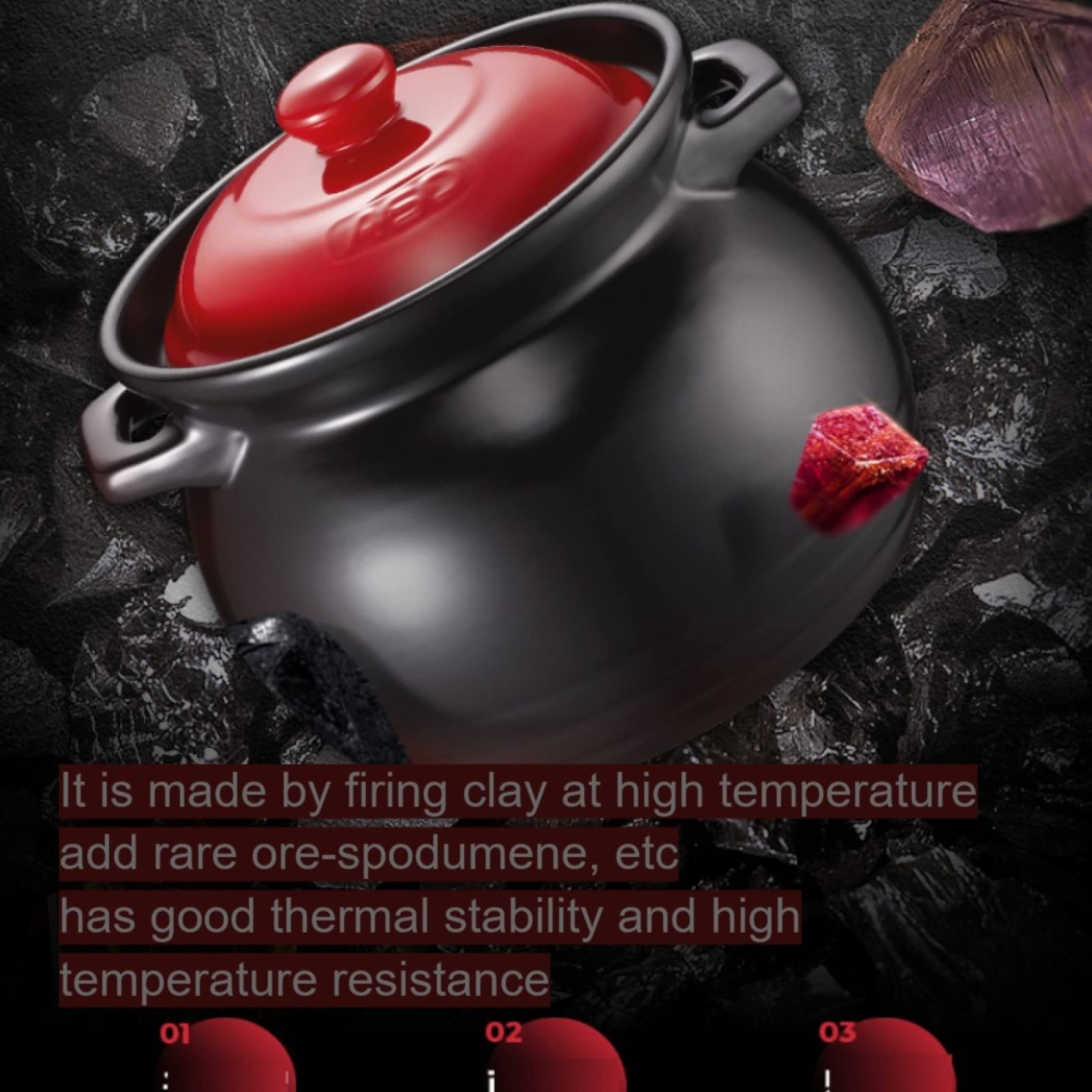 Pentola in terracotta per cucinare Pentola in ceramica Cottura in casseruola cinese Pentola per stufato sicura con coperchio per cucinare fagioli, riso, zuppa, pentola per stufati, nero-2,5 l (nero