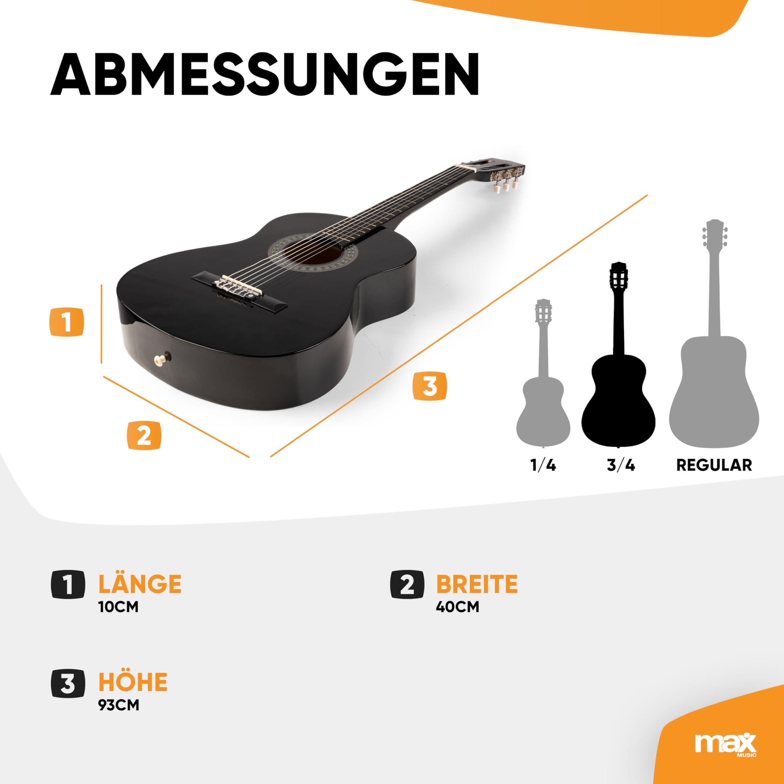 MAX SoloArt - Gitarre 3/4 Kindergitarre ab 6 Jahre, Junior Akustik Gitarre inkl. Gitarrenständer, Tasche, Plektrum, Gurt und Saiten-Zubehör, 3/4 Guitar Kinder ab 6 Jahren in Schwarz