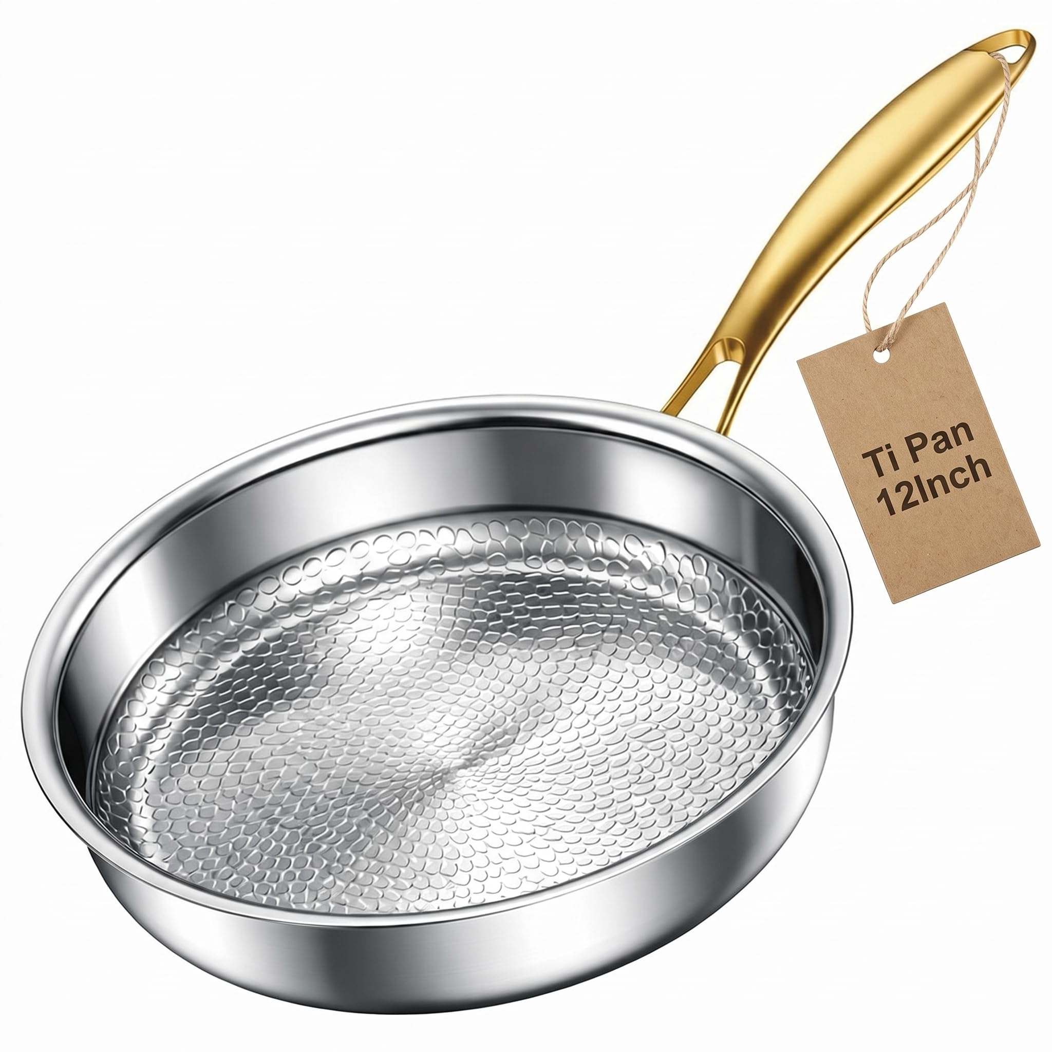 Photo 1 of ***Handle is not gold*** Abijan 12 Inch Titanium Pans for Cooking, Pure Titanium Frying pan Hammered Design, Non-Toxic Titanium Pro Pan PFAS/PFOA/PTFE Free, Compatible for Oven, Dishwasher & All Cooktops, Fast & Even Heat ***STOCK IMAGE FOR SAMPLE***