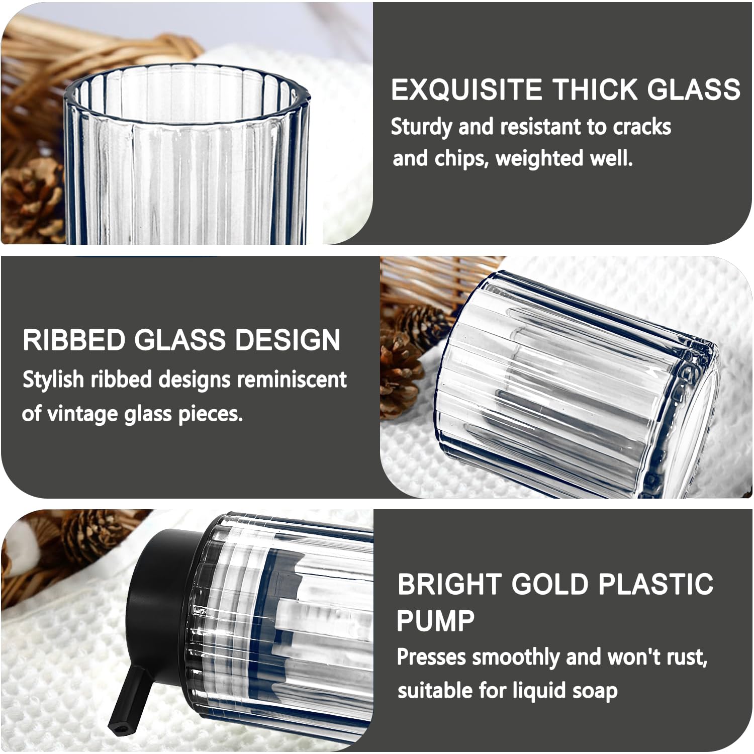 CERBIOR Juego de accesorios de baño, 4 piezas de accesorios de vidrio, incluye dispensador de jabón, soporte para cepillo de dientes, taza para cepillo de dientes, jabonera para encimera decorativa y