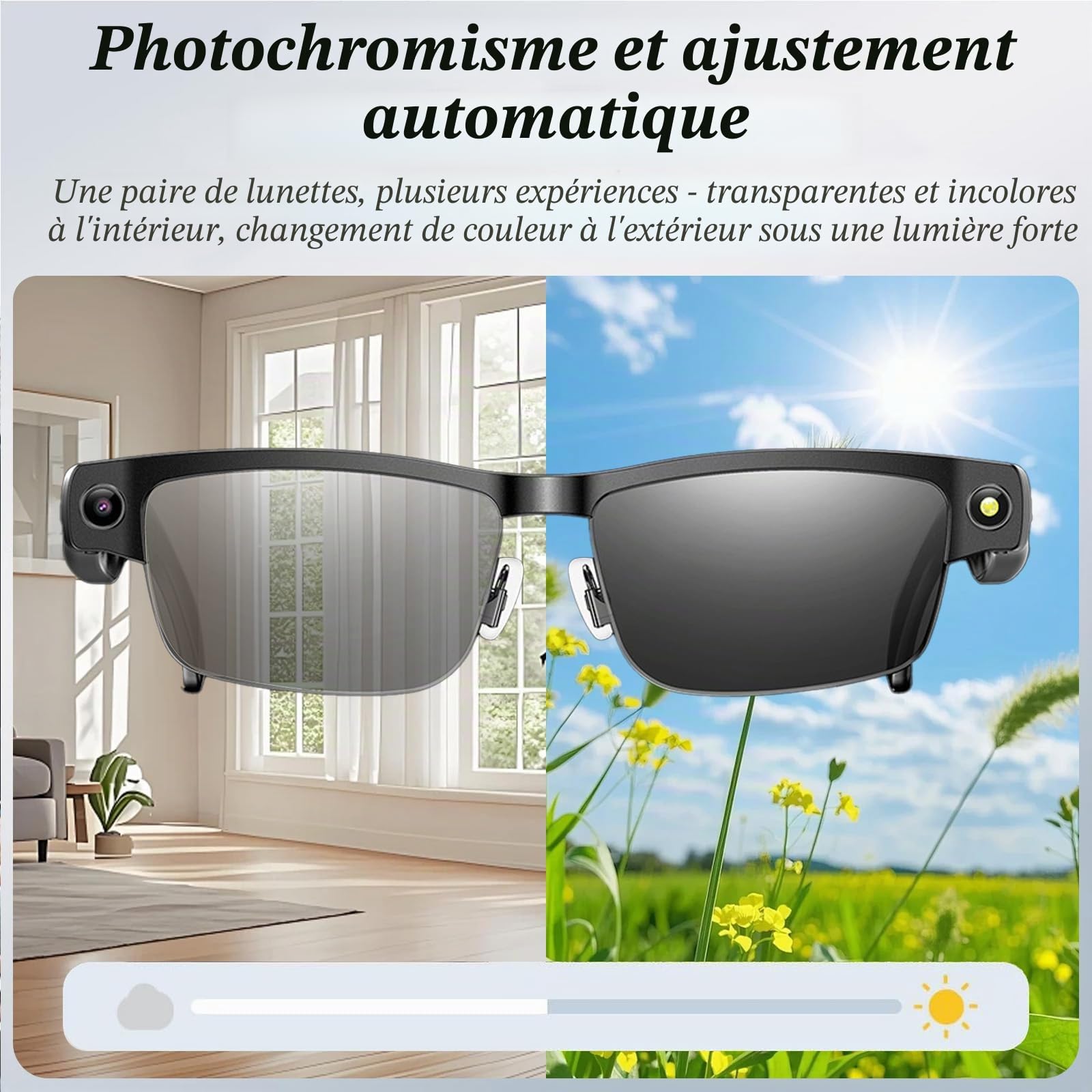 AI Smart Glasses Caméra HD 4K 800 W Lunettes anti-tremblement avec enregistrement vidéo, double microphones avec réduction du bruit, traduction simultanée, intégration ChatGPT (lentilles