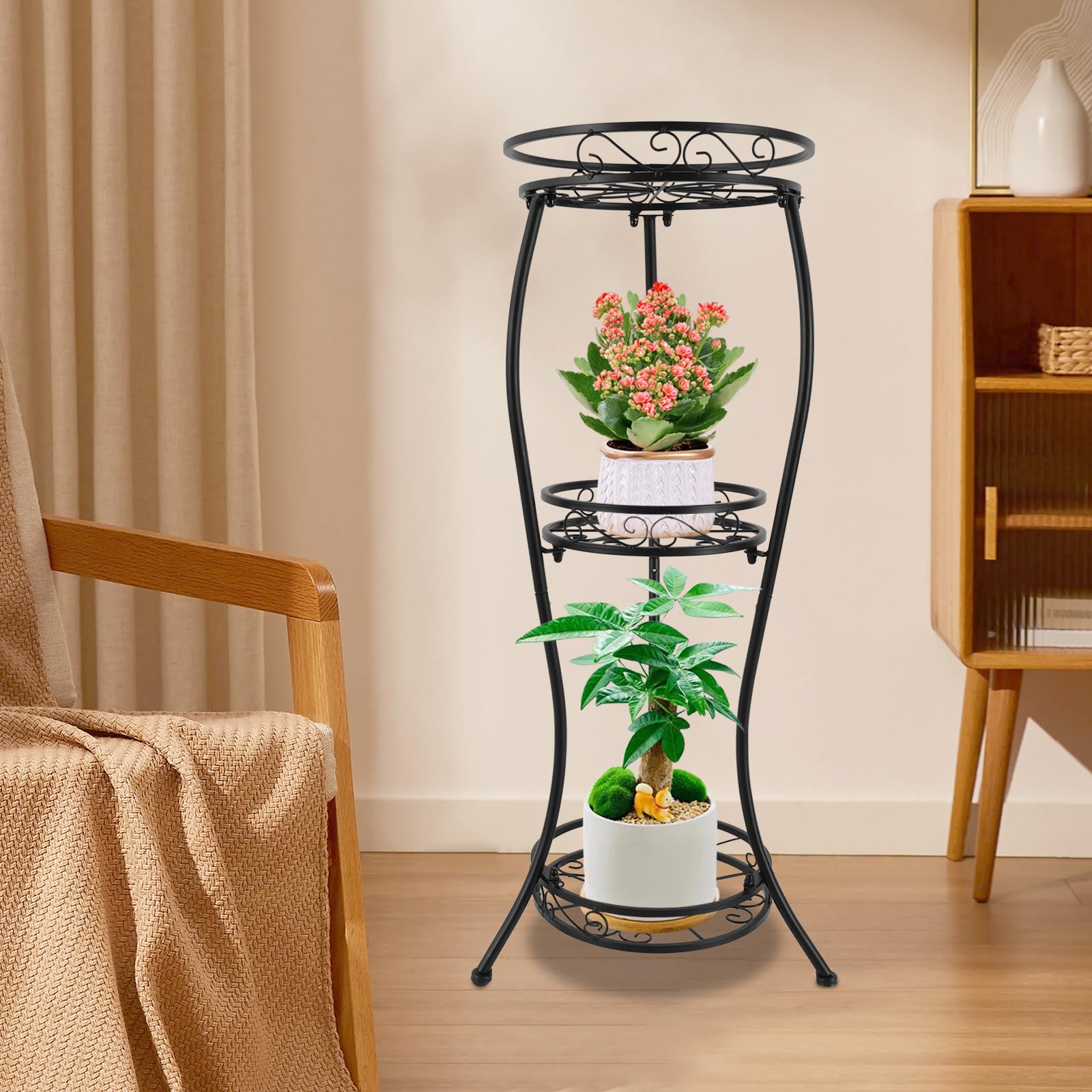 Supporto per piante in metallo con 3 livelli, 84 cm, per interni ed esterni, per terrazza, giardino, balcone, colore nero