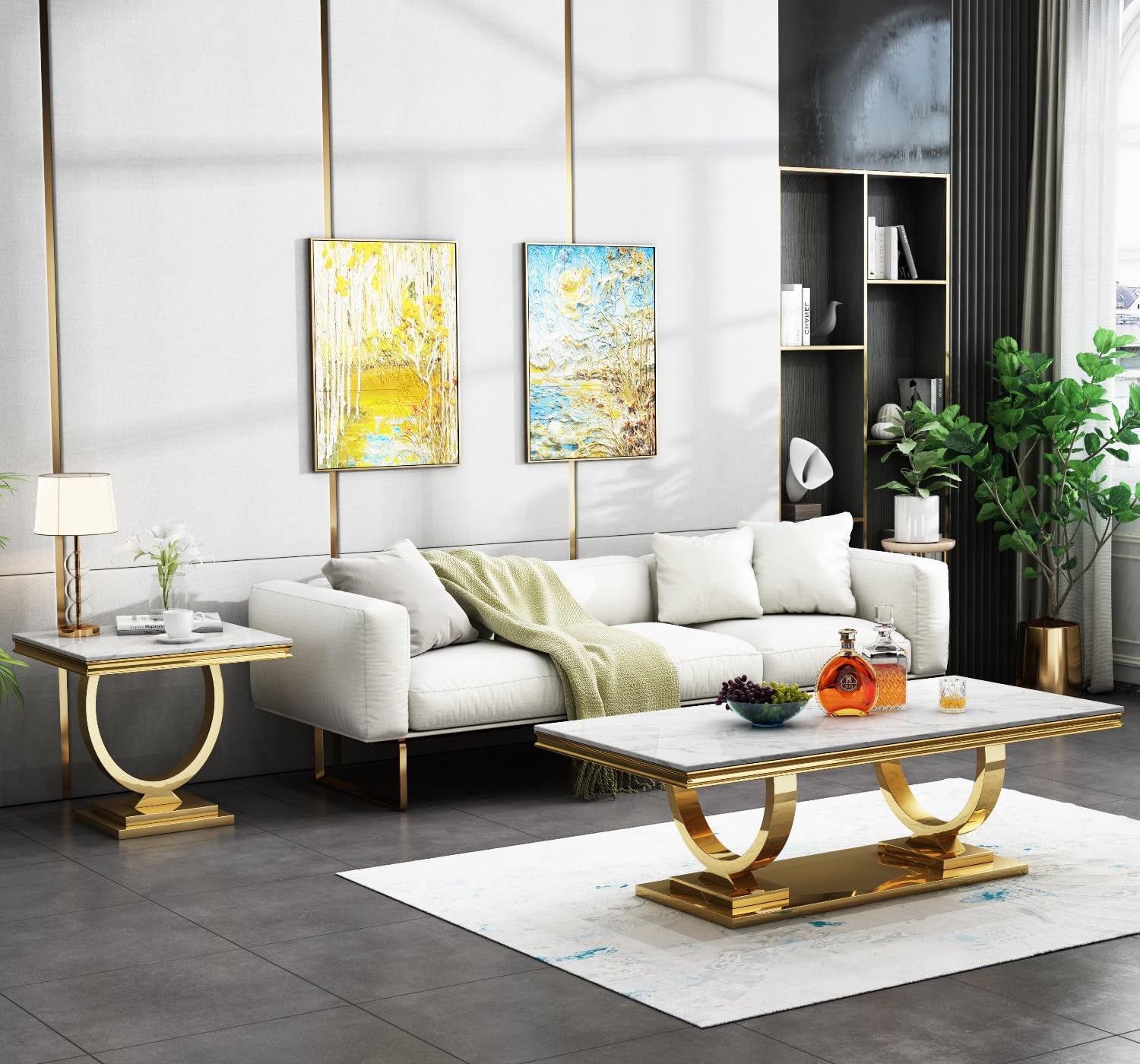 3 Piece Marble Living Room Table Set Modern White Faux Marble Coffee Table and 2 End Table with Gold O-Shape Stainless Steel Frame Elegant Coffee Table Set of 2 for Home Office