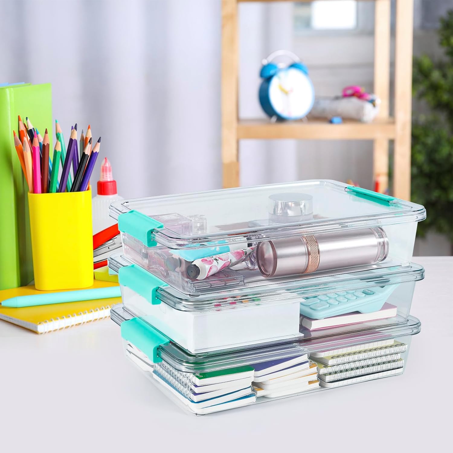 Jeffbaubl 4 Pack 6 Qt Plastic Storage Bins with Lids, Clear Plastic Bins Art Supply Storage Organizer, Arts Crafts Organizing Containers, Stackable Art Containers for Home Office Supplies