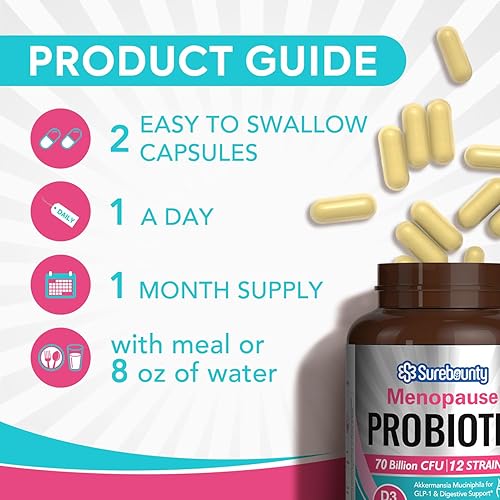 Miniatura 5 de Suplemento probiótico para la menopausia para mujeres, 70 mil millones de UFC, con Akkermansia Muciniphila, vitaminas B6 y D3, botánicos, para