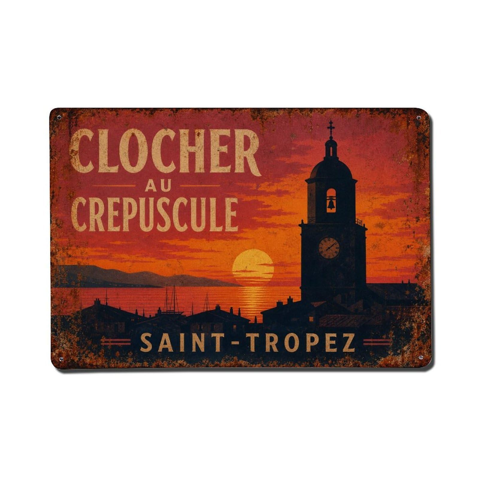 Fyrn Style Metal Tin Sign Vintage Travel Bell Tower Sunset France Silhouette Dusk