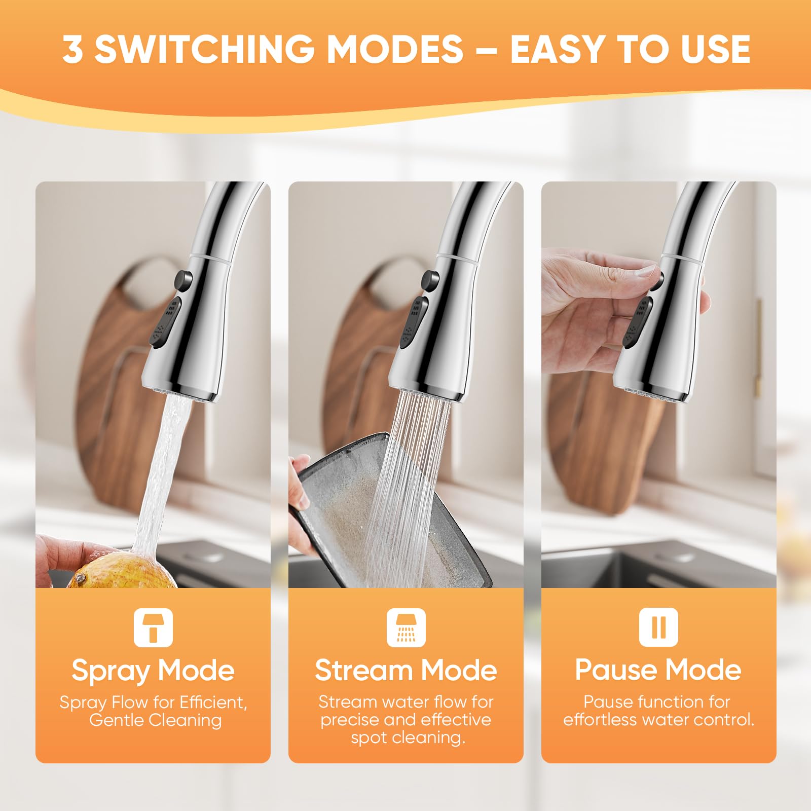 BESy Kitchen Sink Tap with Pull Out Sprayer, 3-Mode Pull Down Mixer Tap, Stainless Steel High-Arc 360° Swivel - Image 2
