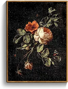 crmotu Vintage Framed Wall Art, Botanical Floral Canvas Art Prints, Still Life Rose Rustic Farmhouse Decor, Antique Flower Black Wall Pictures for Living Room Bedroom Bathroom Office Artwork 12x16in
