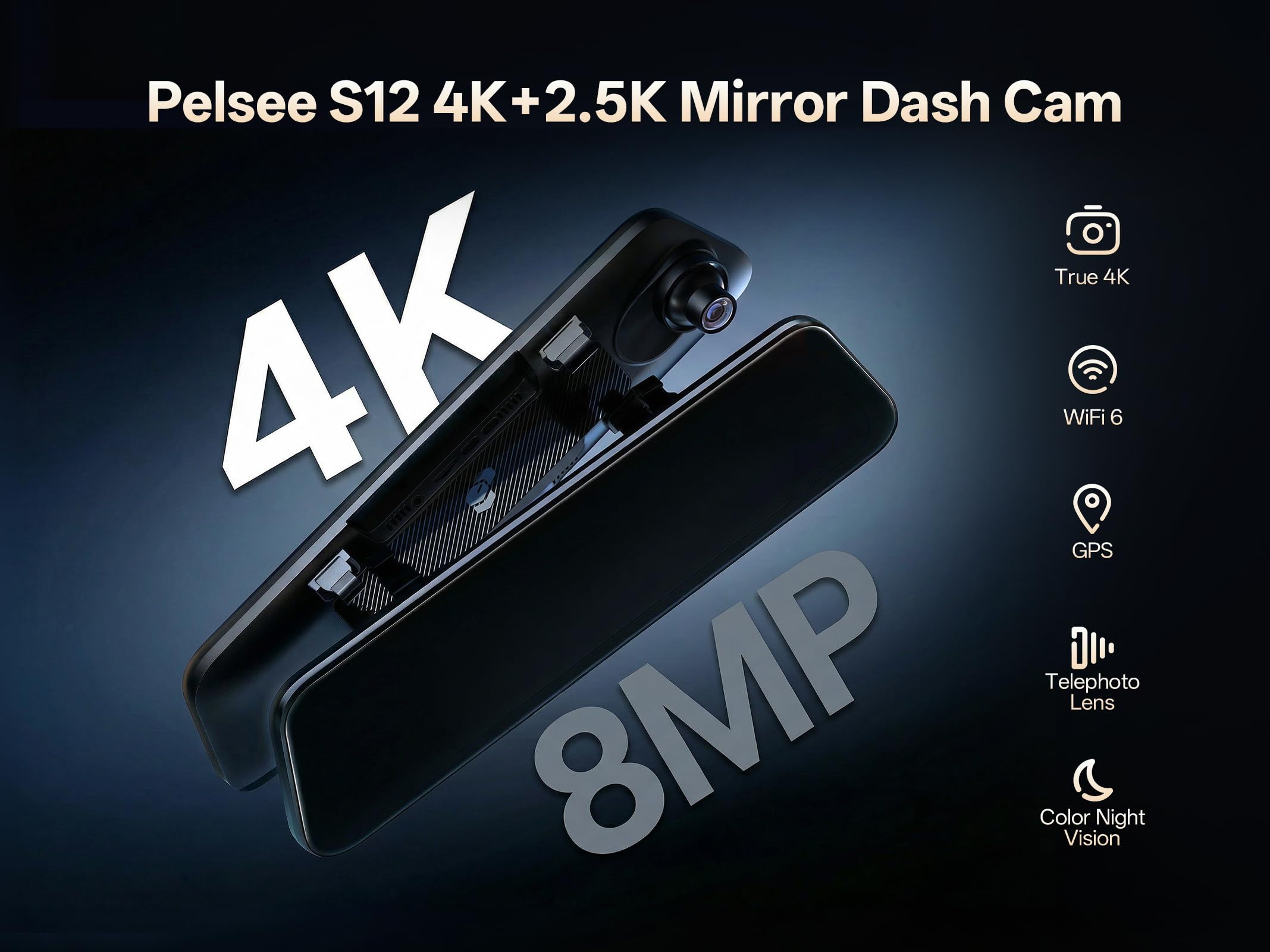 Pelsee S12 Native 4K +2.5K Mirror Dash Cam, WiFi 6 30MB/s Download, Rear View Mirror Camera Backup Camera for Car Truck SUV, Dual HDR, Telephoto Front Camera, Full Color Night Vision, 64G Memory Card — view 9