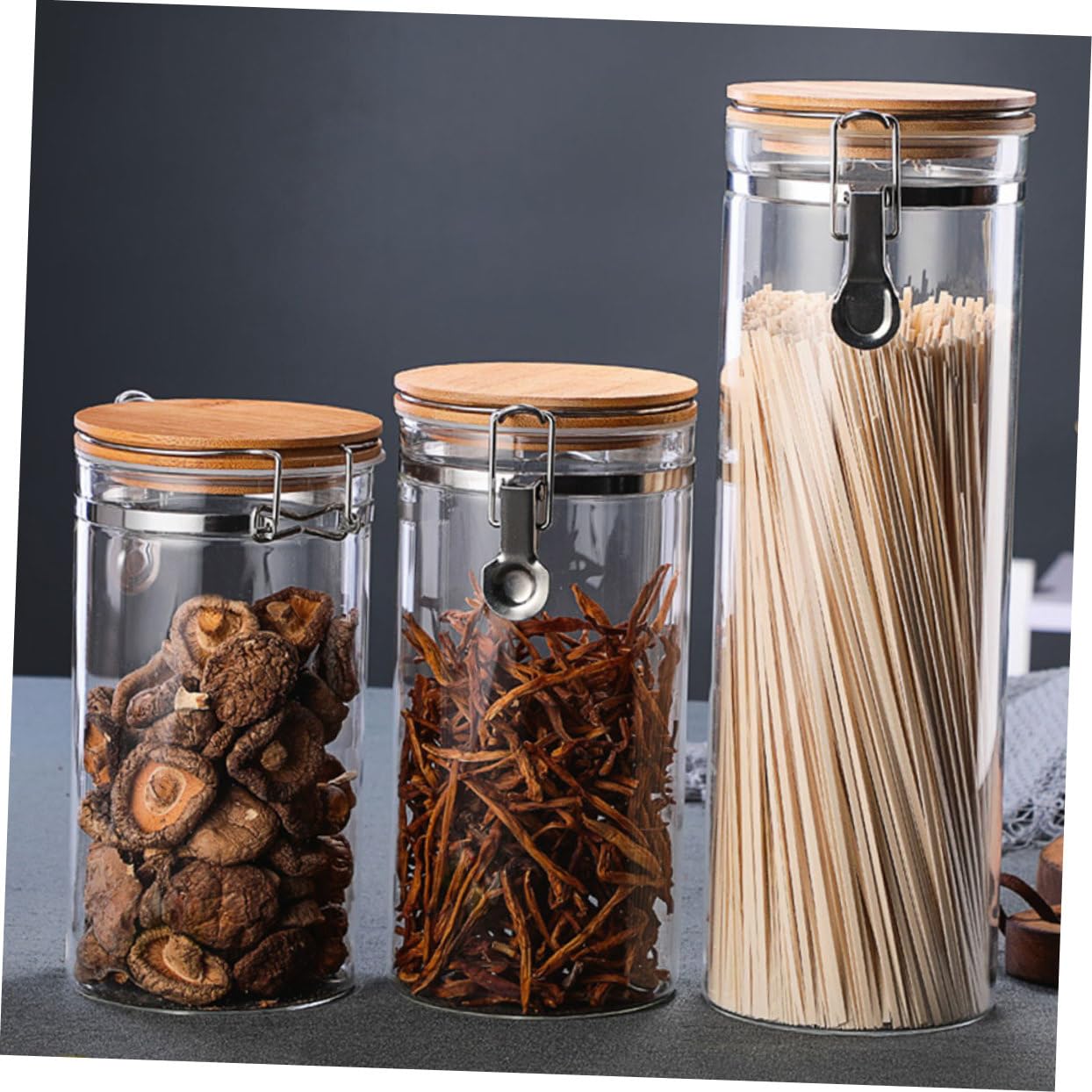 2stücke Vorratsgläser mit Deckel Luftdicht für Tee Süßigkeiten Mehl Getreide Transparente Aufbewahrungsboxen Holz Edelstahl Glas Langlebig für Küche Schreibtisch