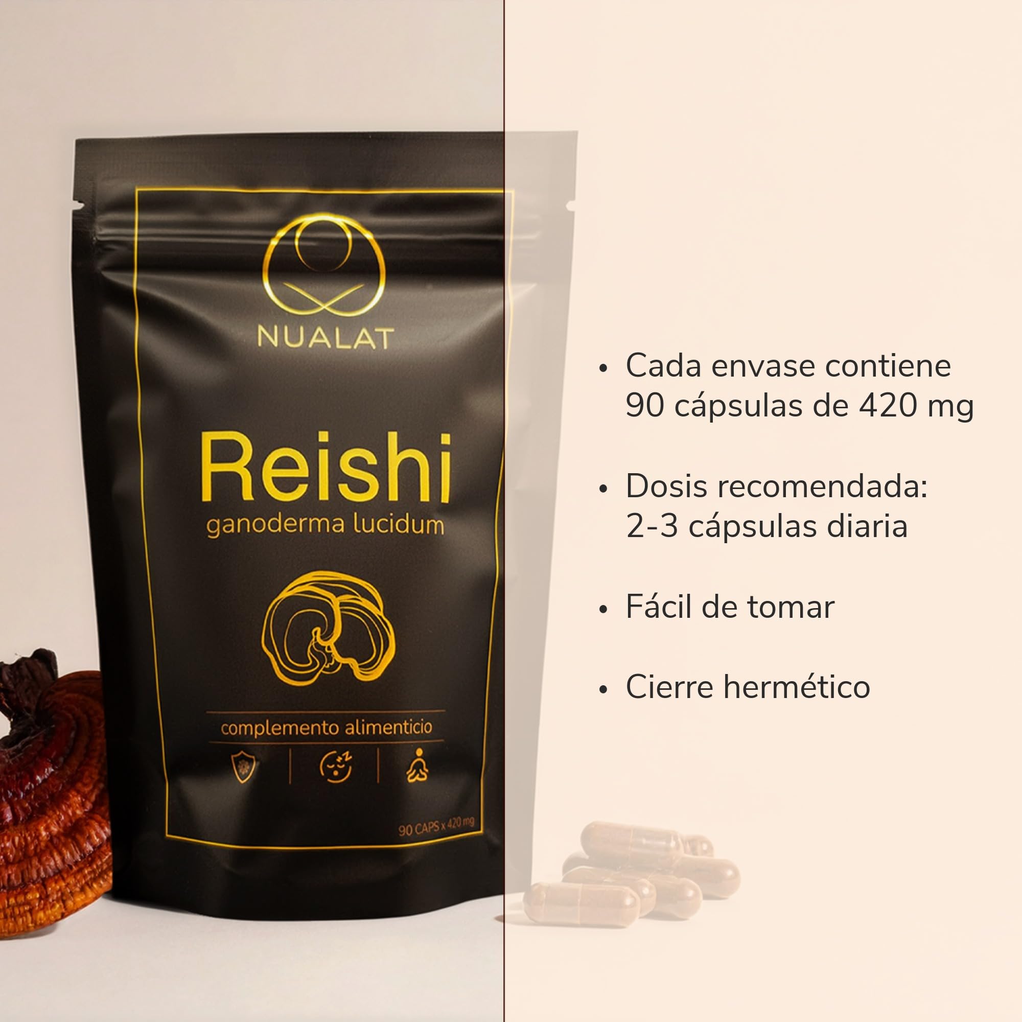 Extracto de Reishi, Ganoderma Lucidum, 420mg, Cápsulas Vegetales, 55% Beta-Glucanos, 5.12% Triterpenos, para Descanso, Inmunidad y Equilibrio Emocional