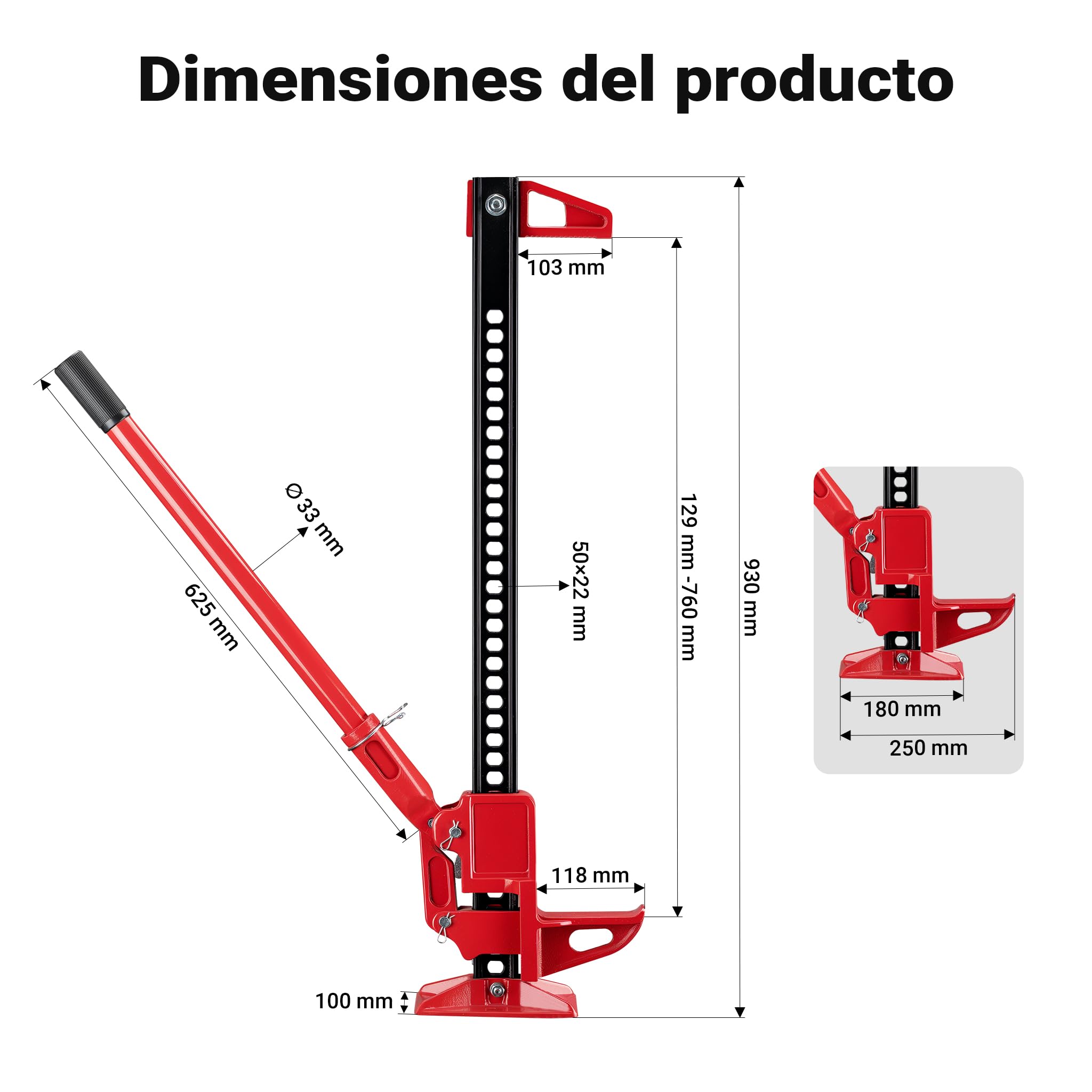 WilTec Gato Elevador hasta 3000 kg y Altura de elevación máx. 76 cm, Dispositivo agrícola, Palanca para vehículos Todoterreno, SUV y ATV, Multiuso, de Acero