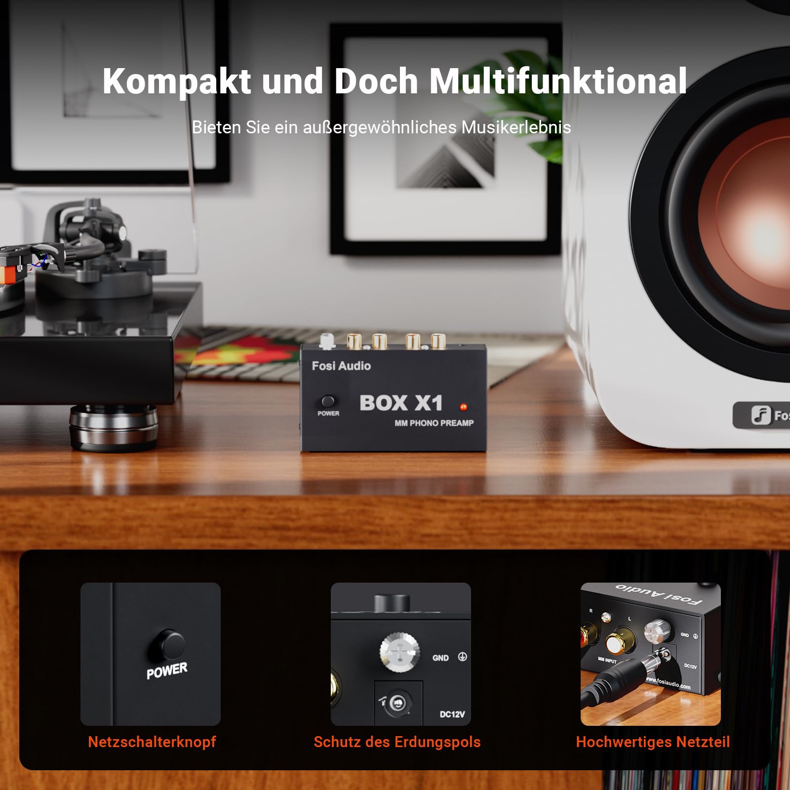 Fosi Audio BOX X1 Phono Vorverstärker für MM-Plattenspieler mit 3,5MM Kopfhörer und RCAAusgang, Mini PhonVorverstärker mit Ein-/Ausschalter für Phonographen/Plattenspieler, DC12V Netzteil inbegriffen