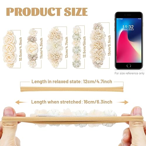 Miniatura 2 de Cinaci 5 diademas de nailon súper elásticas y suaves con flores, para bautizo, tiaras florales, coronas, accesorios para el cabello para recién