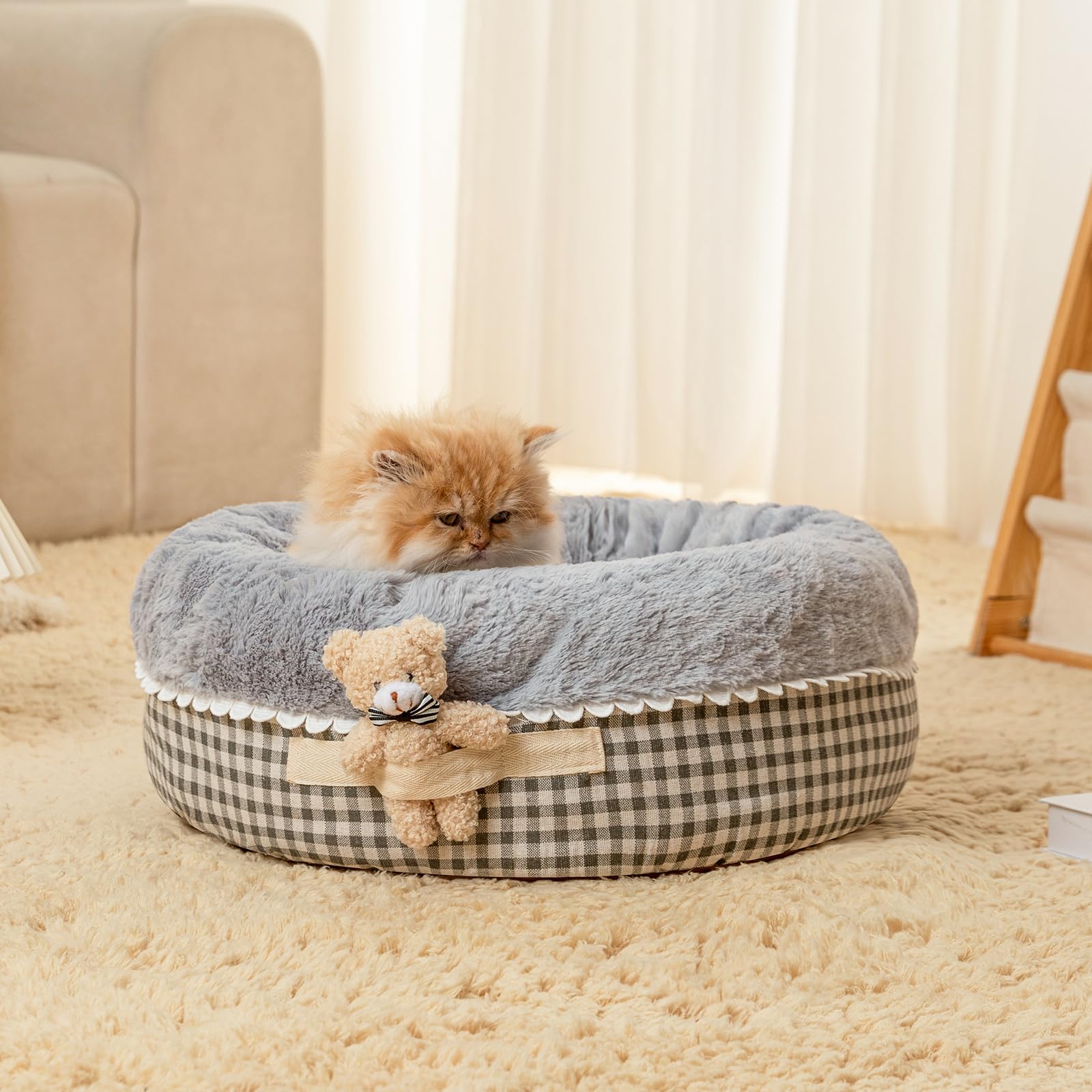 Jiupety Donut Katzen- & Hundebett Mit Teddy – Flauschig, Waschbar & Rutschfest, 50,8 Cm Rund, Bis 5,4 Kg, Grau