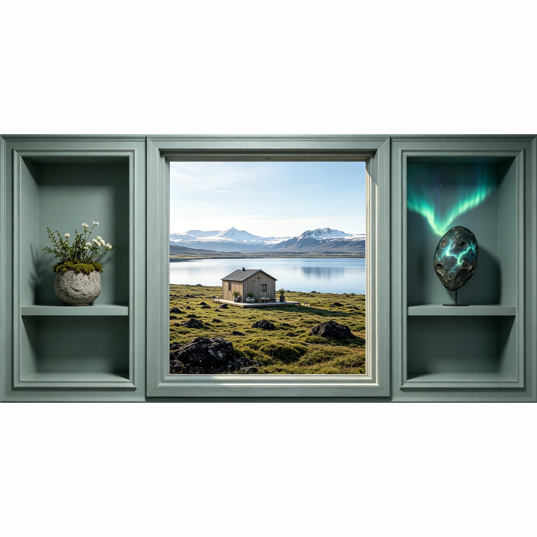 QZLITHOTIC 50x100cm 3D Framed Wall Art， Nordic Mountain Lake Cabin Aurora Borealis Scenic Self‑Adhesive Mural， Water‑Activated Peel & Stick Fabric Decor Wall Decal for Bedroom Living Room