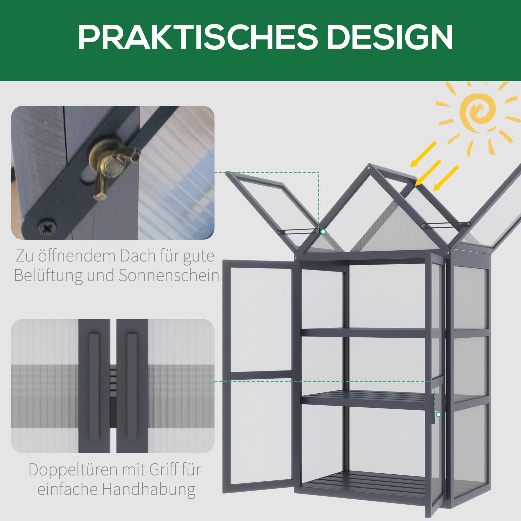 Outsunny Frühbeet Pflanzenbeet mit 3 Ebenen, aufklappbarem Dach wetterfest Mini Gewächshaus mit Doppeltüren Treibhaus aus Holz Polycarbonat Natur 70,5 x 42 x 132 cm