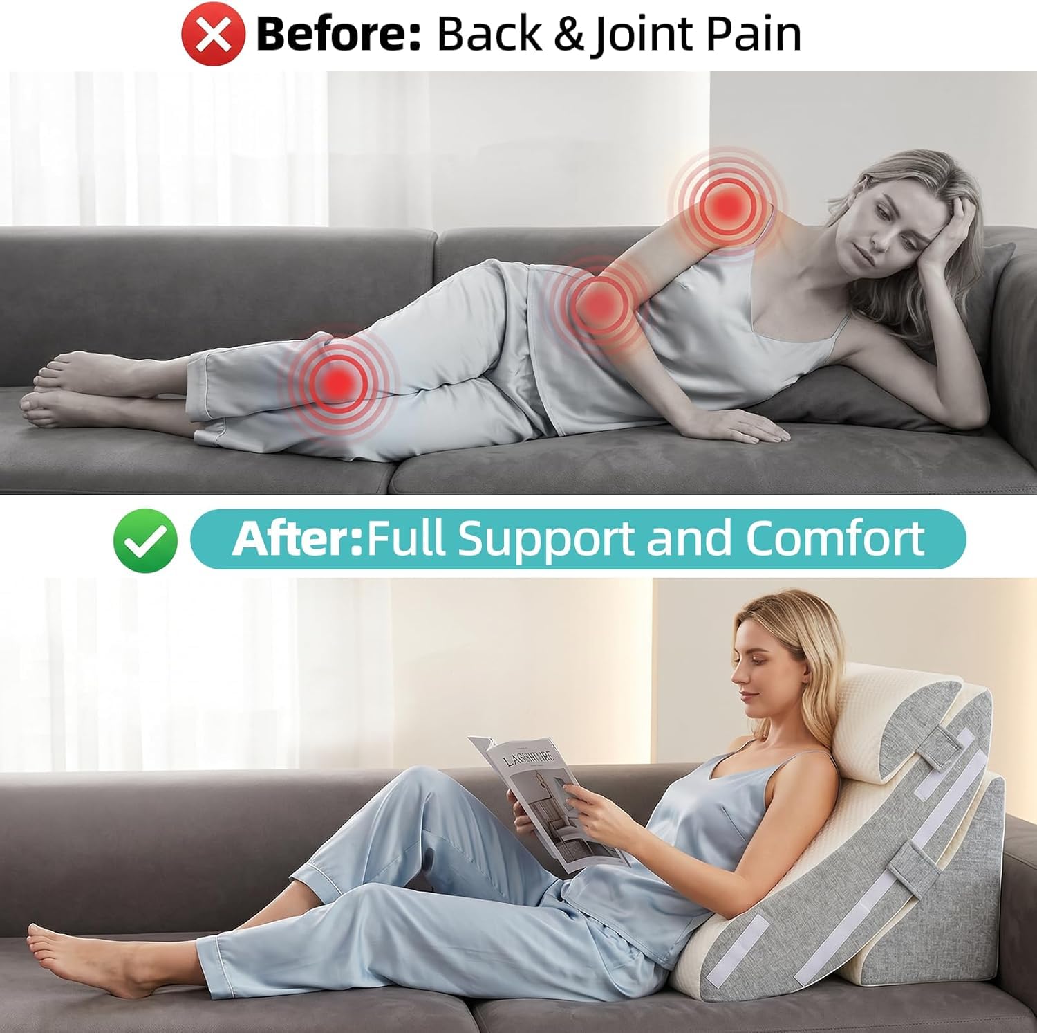 Set di cuscini a cuneo da letto, 3 pezzi, regolabili, in schiuma per il recupero post-operatorio, sollievo dal reflusso acido e supporto per il mal di schiena, cuscino ergonomico inclinato per
