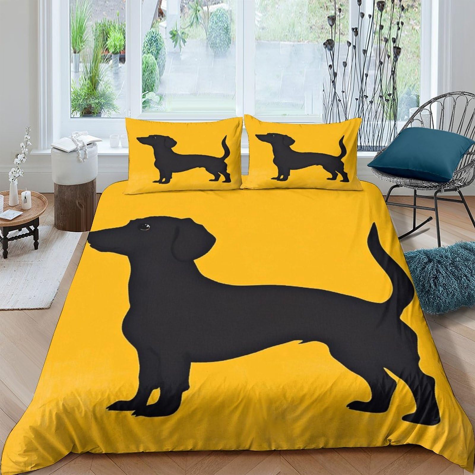 GPLZQXKJNH 3D Printed Dachshund Dog Duvet Cover Microfiber Yellow Bedding Set with 2 Pillowcases for Bedroom Decor Single（135x200cm）