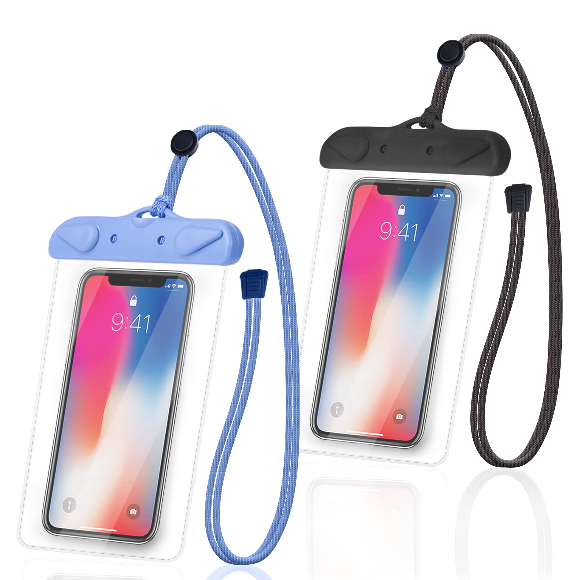 防水ケース スマホ用 改良 2枚入 𝗳𝗼𝗿 𝗶𝗣𝗵𝗼𝗻𝗲 𝟭𝟱/ 𝟭𝟱𝗣𝗿𝗼/ 𝟭𝟱𝗣𝗿𝗼𝗠𝗮𝘅/ 𝟭𝟱𝗣𝗹𝘂𝘀 - IPX8認定 透明 保護密封 防水携帯ケース 完全防水 顔認証 気密性 水中撮影 お風呂 海水浴 水泳など適用 IPhone/Android 7インチ全機種対応 (2枚入, ブラック＋ブルー)
