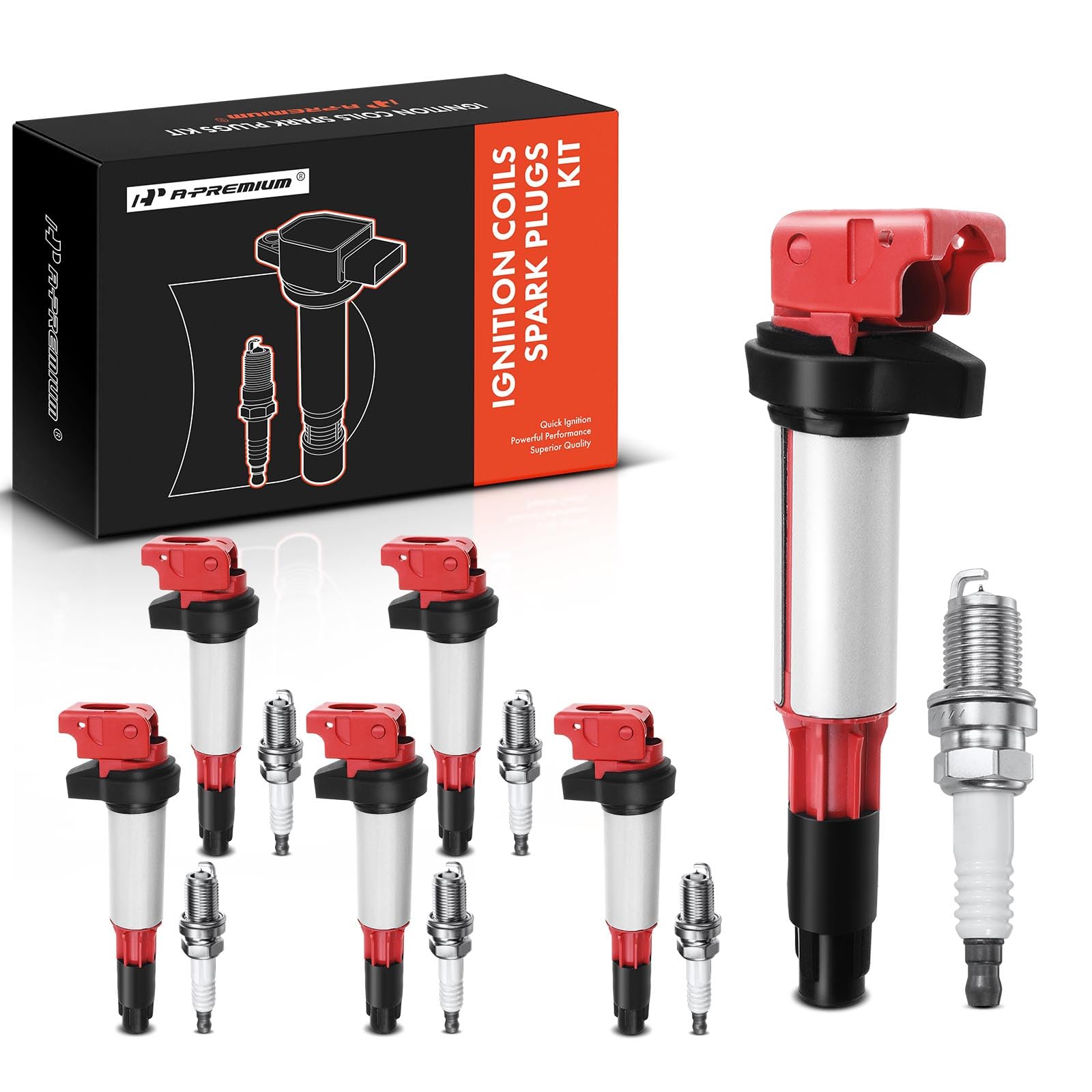 A-Premium Set of 6 (Red，Gap: 0.040“) Ignition Coil Pack and Iridium Spark Plugs Compatible with BMW 325Ci 325i 325xi 330Ci 330i 330xi 525i 530i X3 X5