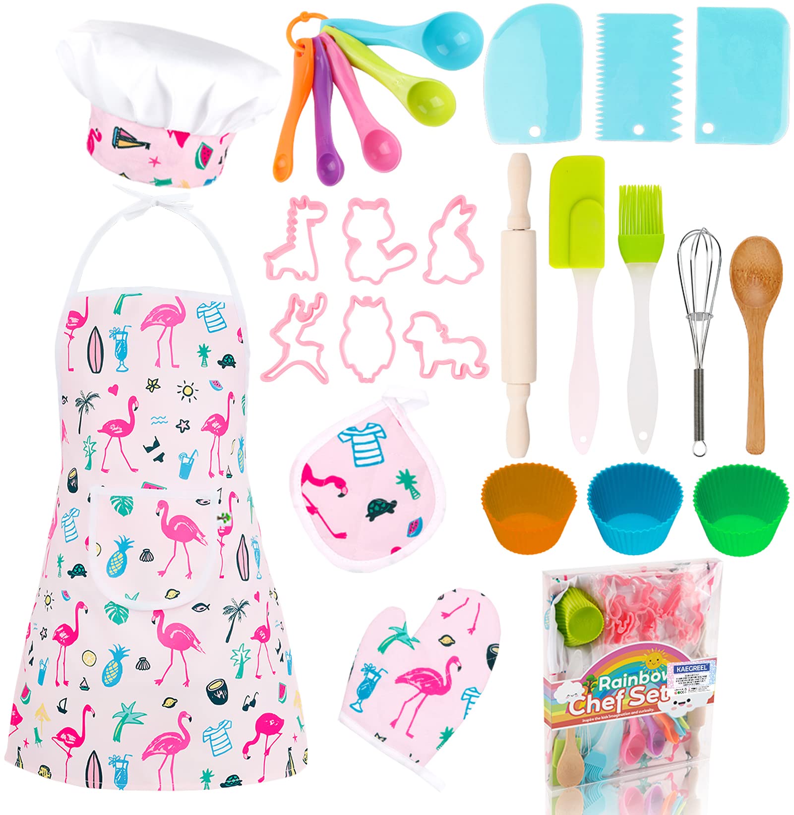 KAEGREEL Kids Baking Chef Set with Flamingo Apron, 26pcs Kitchen Toys Kid Cooking Set with Chef Hat Spoons Whisk, Chef Dress Up Role Play Gifts for Boys Girls 3 4 5 6 7 Years Old