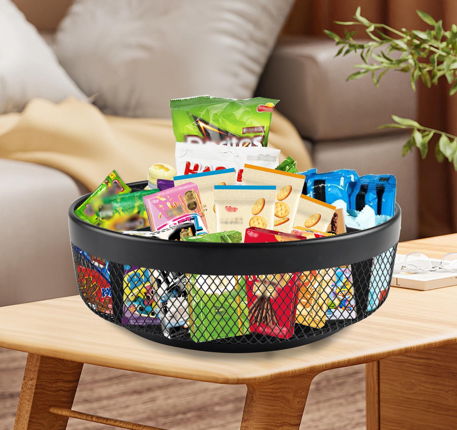 Organizador de aperitivos para encimera, organizador de metal con divisor, bandeja giratoria de 4 compartimentos para almacenamiento de aperitivos, bandeja giratoria de aperitivos Lazy Susan 5