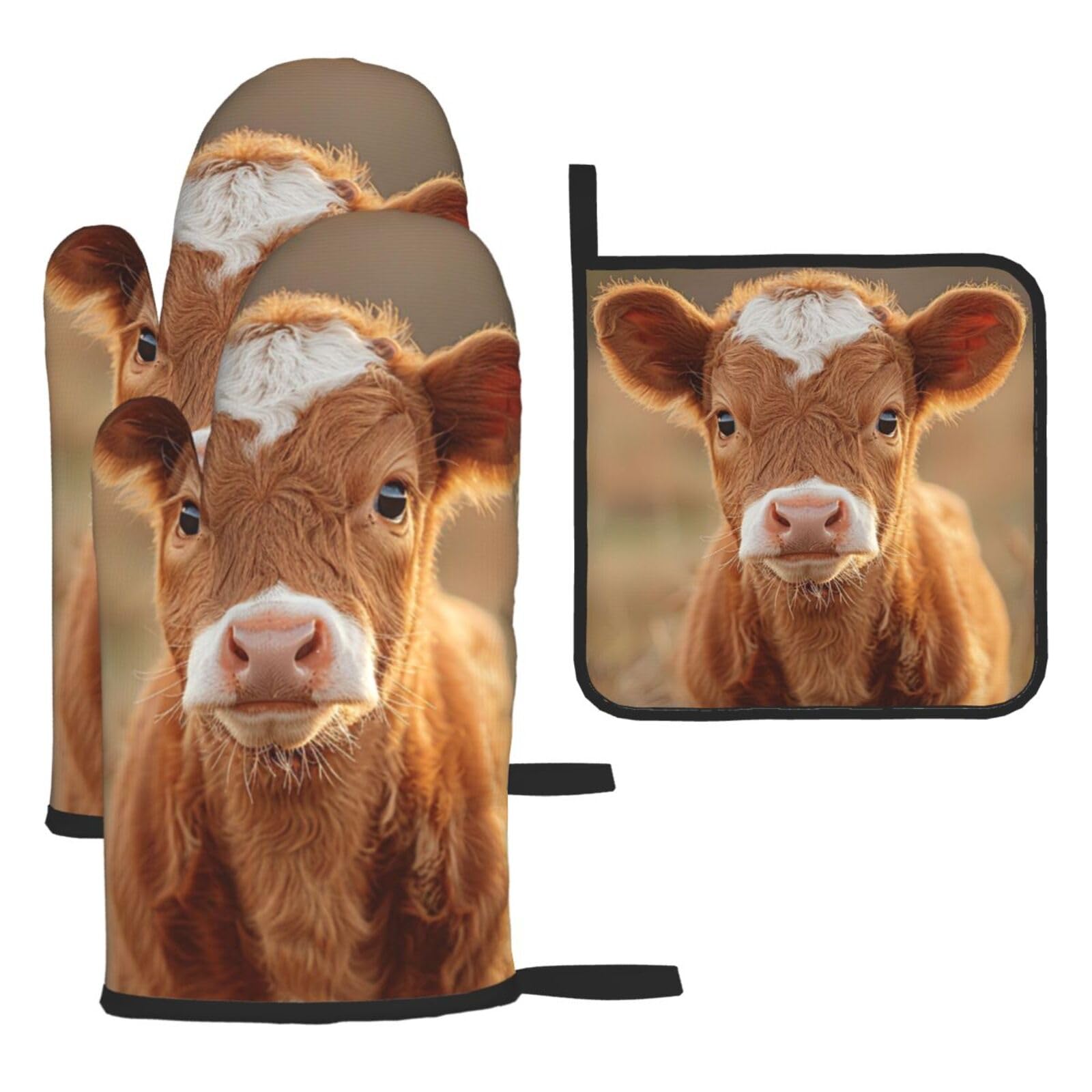 Oven Mitts and Pot Holders Sets of 3 Baby Cow Oven Mitts 3 Pcs Heat Resistant Non Slip Ovens Gloves Hot Pads Kitchen Gloves Potholders for Baking Cooking BBQ Grilling