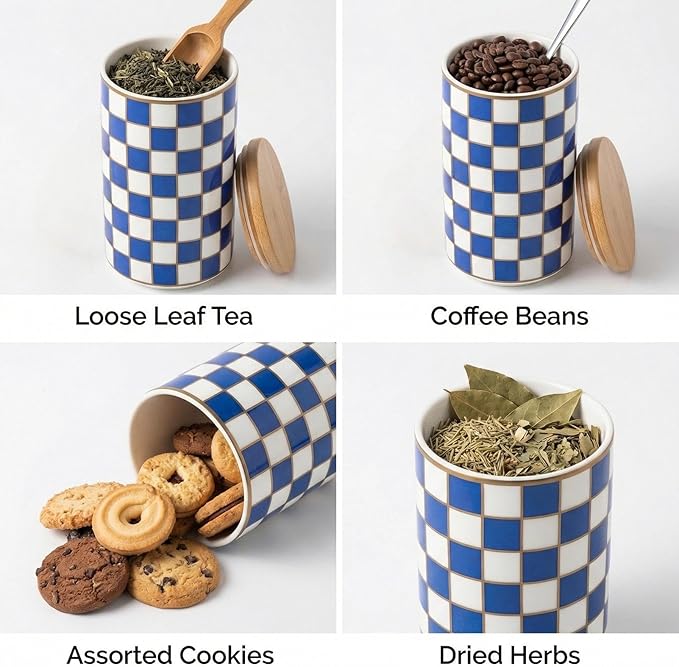 Frasco Cerámico Hermético para Café con Tapa, Azul Cuadros 800 ml miniatura 3