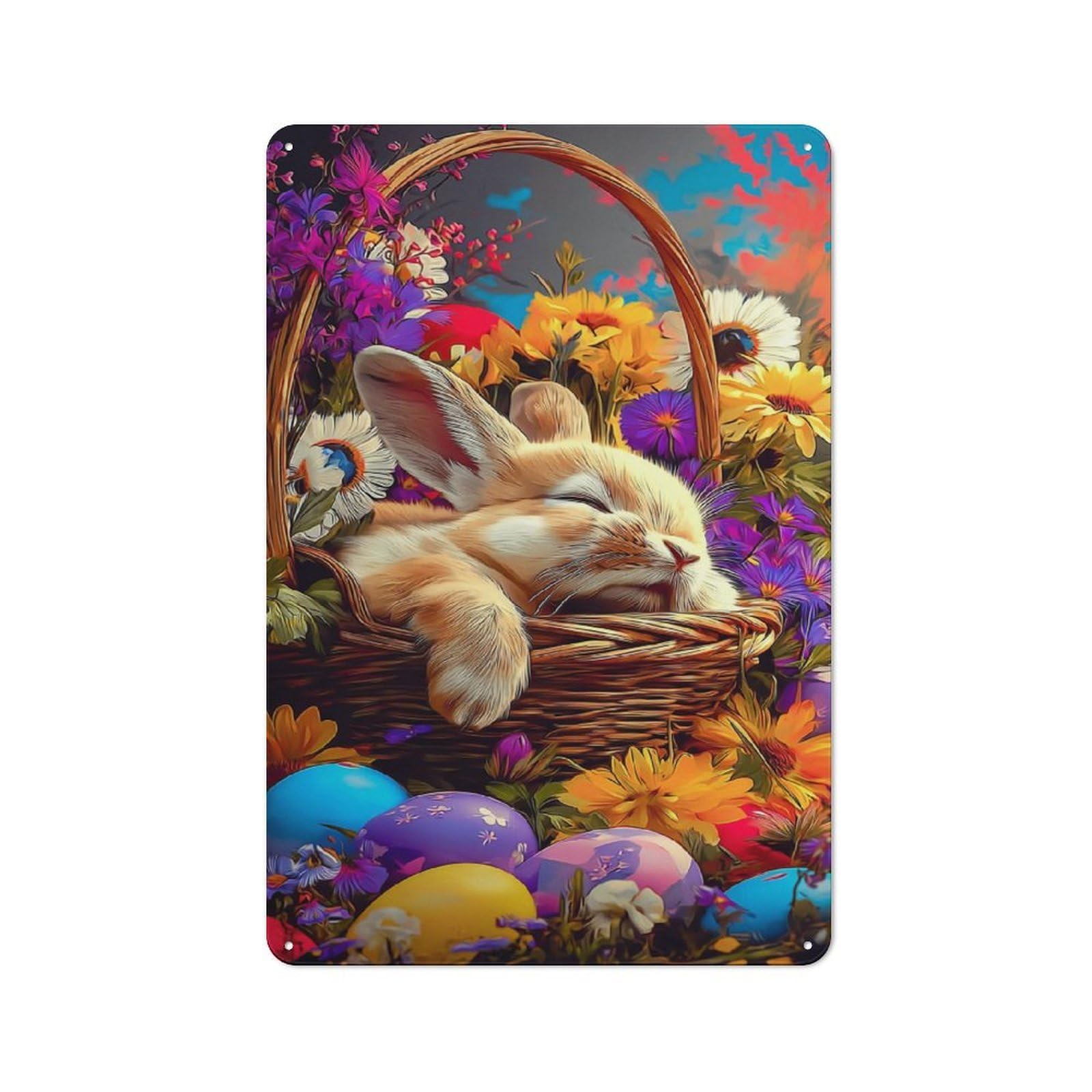 Junmoney Sleeping Bunny Basket With Flowers Rustic Tin Wall Plaque 30X20cm For Bar Or Restaurant, For Vintage Wall Decor Fans, For Garage And Workshop Walls