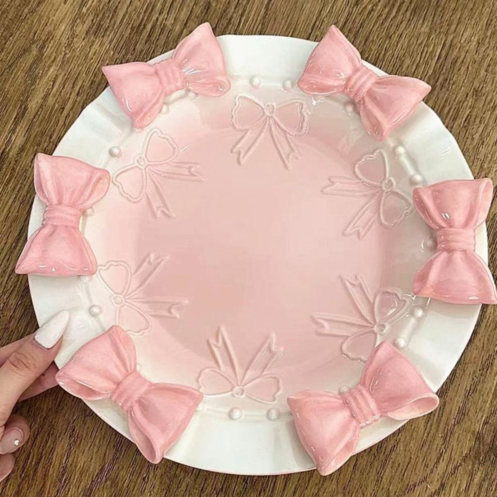 rockible Piatto da Dessert in Ceramica Piatto da Dolce Piatto da Torta Vassoio da Servire con E Texture 3D Adatto per Dolci, Esterno Bianco, Interno Rosa