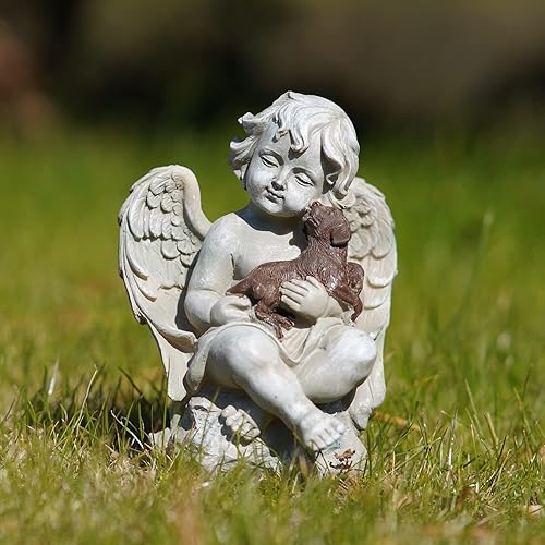 Miniatura 5 de Topadorn Estatua de alas de ángel de resina con perro pequeño, figura de ángel rezando, decoración de mesa para patio, porche, césped, decoración al