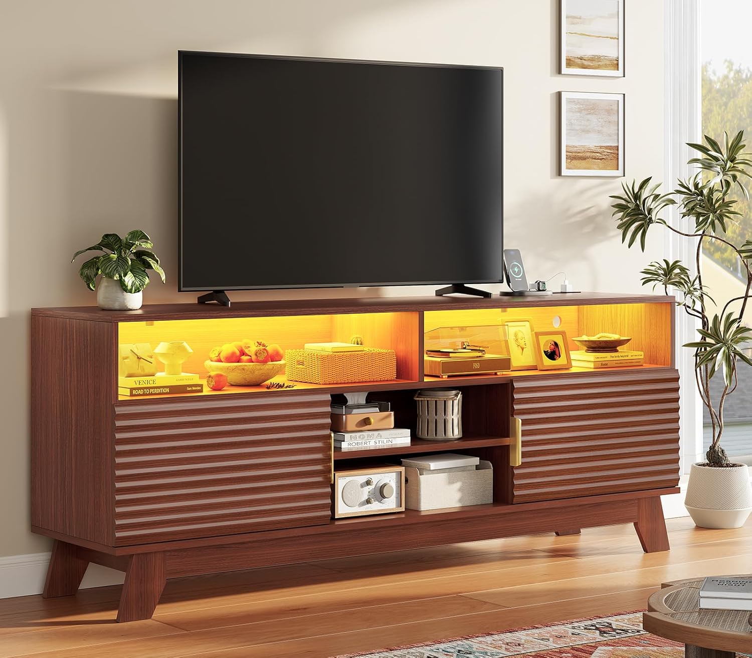 BTHFST Fluted TV Stand for 65/60/55 Inch TV, Mid Century Modern TV Stand with Charging Station, Entertainment Center with LED Lights & Shelves & Cabinets, Media Console for Living Room,Bedroom, Walnut