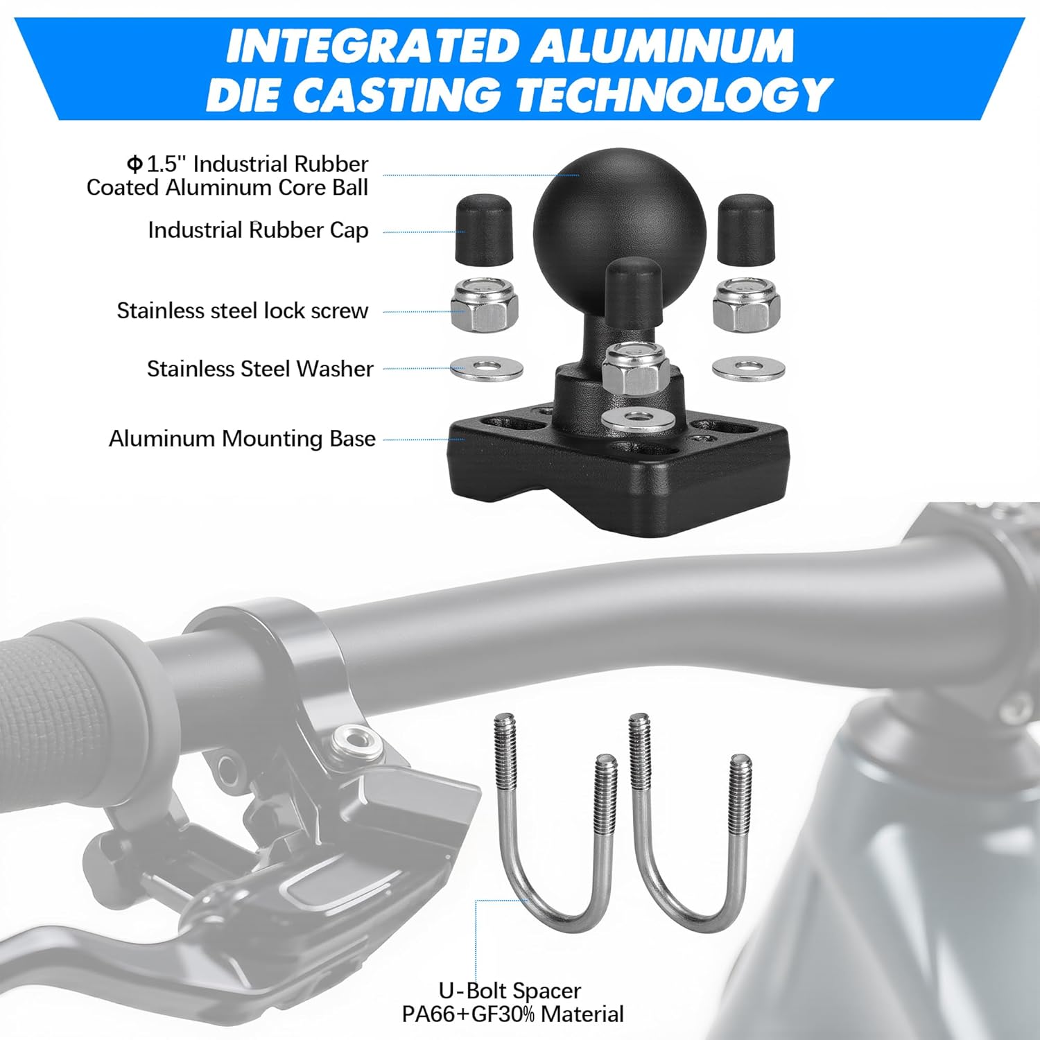 Double U-Bolt Fixed Base with 1.5" Ball. Suitable for Round Tubes and Half-Round Tubes with diameters ranging from 0.5in to 1.3in. Compatible C-Size 1.5-inch Ball Double Socket arm