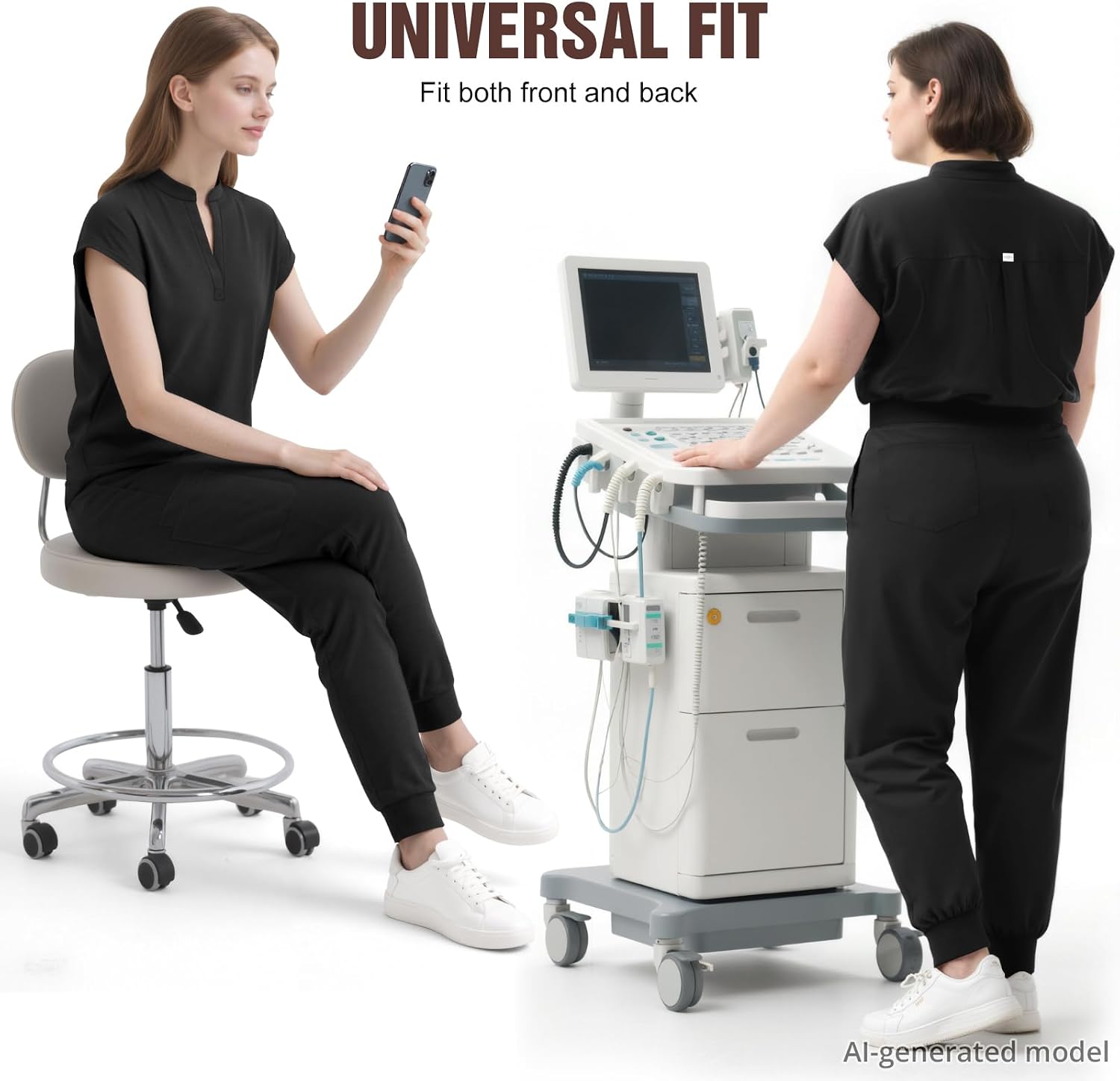 Women's Sleeveless Scrub Set – 8 Pockets, Stand-Up Collar | Sleeveless stand-up collar top with ID ring Elastic drawstring waist jogger cuffs Soft 4-way stretch knit Easy care.