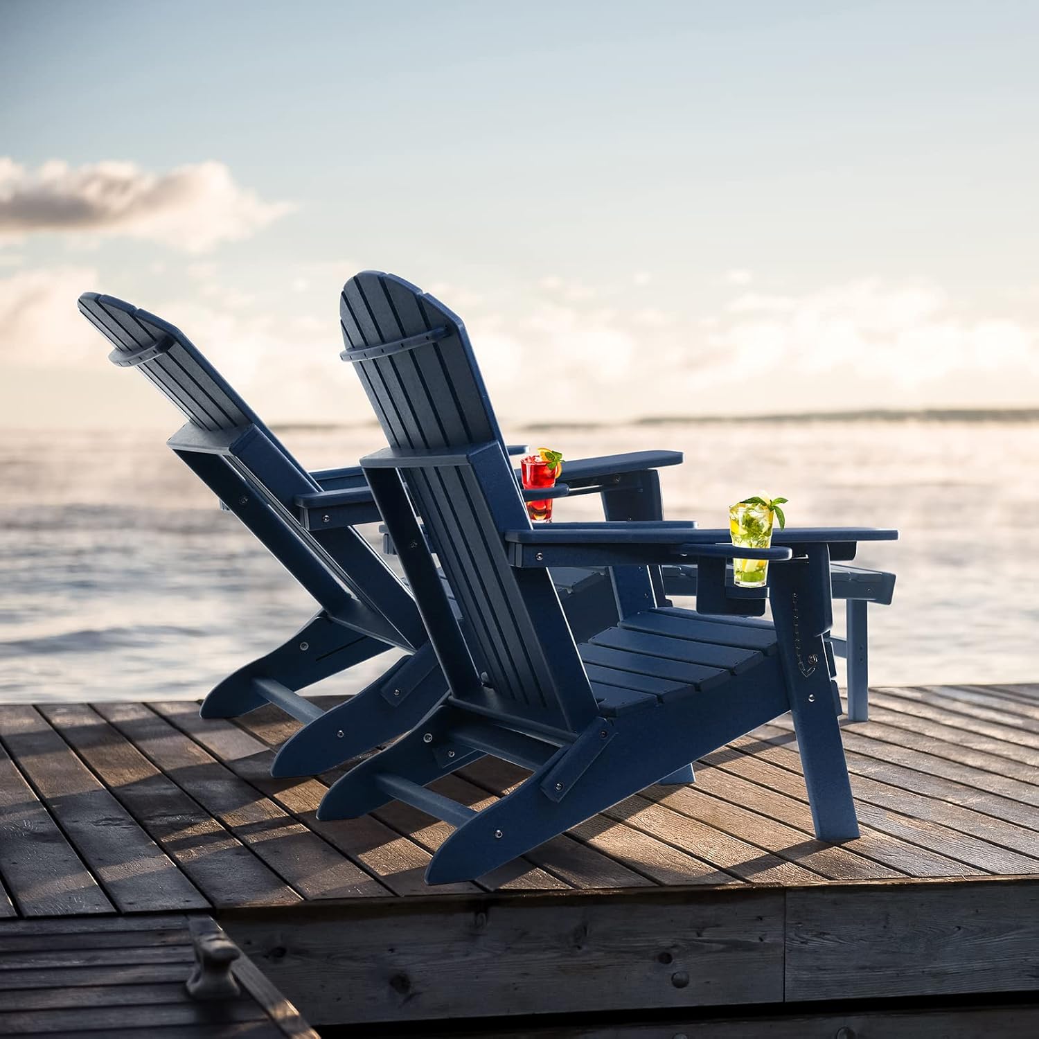 FUNBERRY Adjustable Folding Adirondack Chairs Set of 2 with Retractable Ottoman, All Weather Fire Pit Chairs with Cup Holder