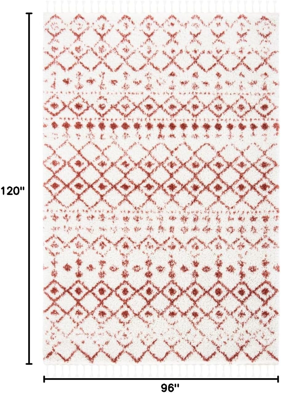 SAFAVIEH Area Rug 8x10 - Berber Fringe Shag Collection - Large - Ivory & Rust, Moroccan Design, Non-Shedding & Easy Cleaning, Plush Thick Pile, Ideal for Living Room, Bedroom, Dining Space (BFG516P)