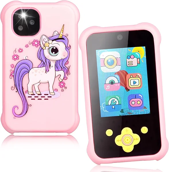 Mini Phone for Girls, Toddler Toy Phone with Dual Camera and MP3 Music Player, Kids Smart Phone with 32G SD Card & Silicone Cover & Lanyard Birthday for Kids Age 3/4/5/6/7 (Light Pink)