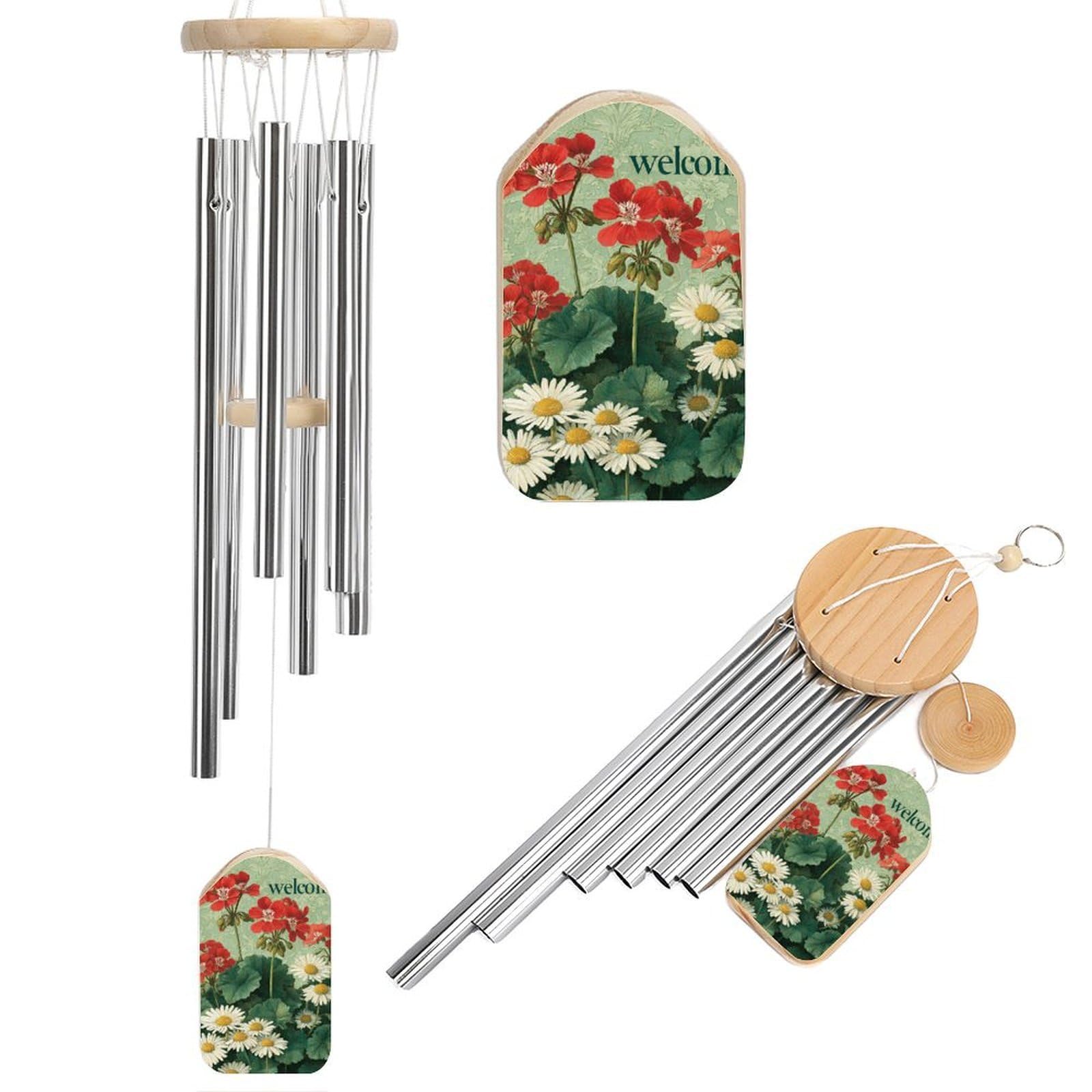 Red Geranium Flowers And White Daisies Wind Chimes Memorial Deep Tone Windchime with 6 Aluminum Tubes Outdoor Backyard Garden Decoration