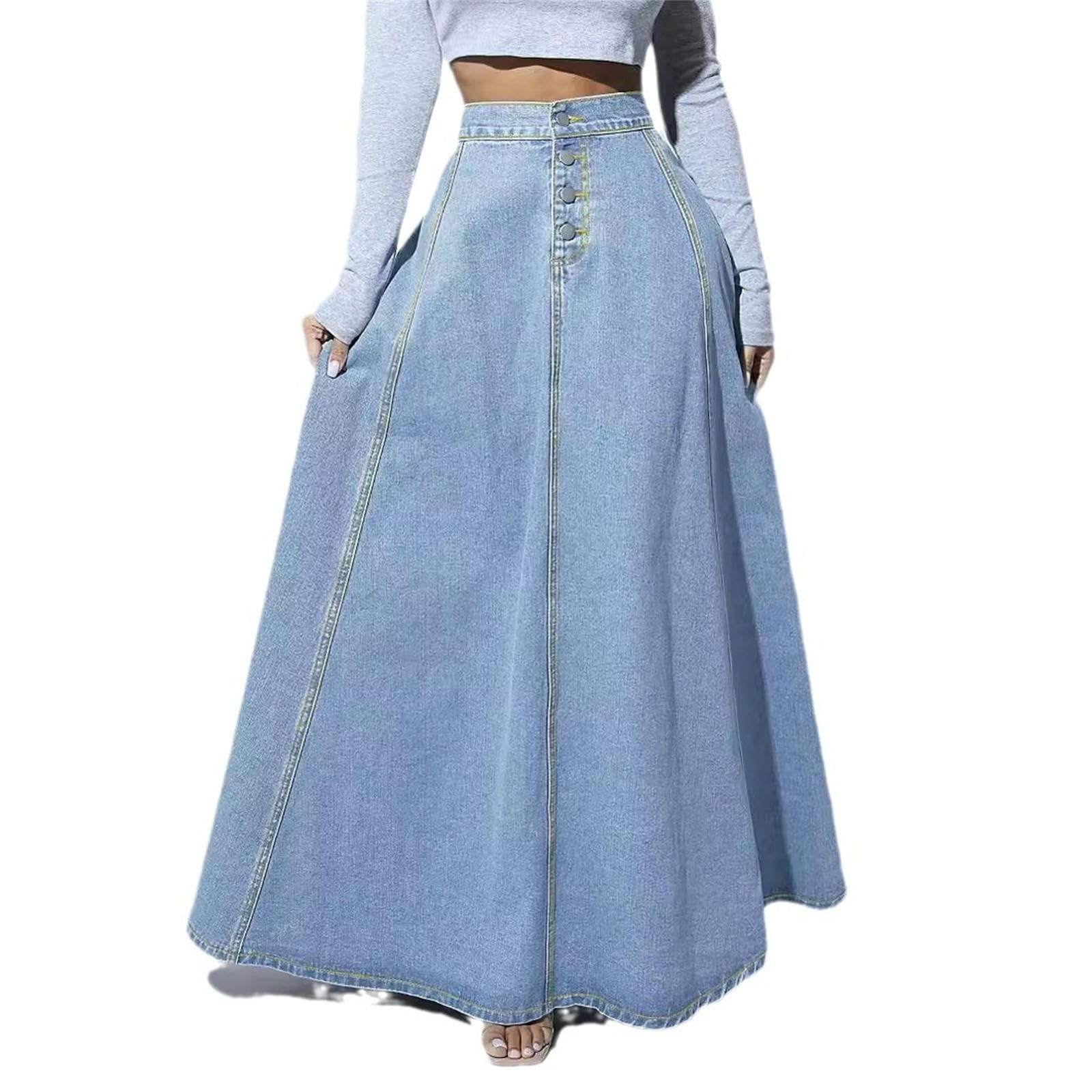 Rock Einreihiger Jeansrock Für Damen – Schicker, Ausgestellter Midirock In A-Linie (frühling Sommer)-hellblau-l