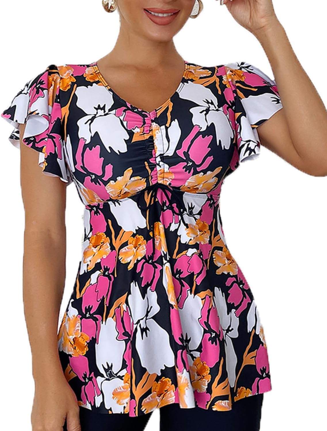 Fanuerg Women's Flowy Tankini Top Only Ruffle Sleeve Swim Bathing Suit Tops Modest Drawstring Swimsuit Top No Bottom