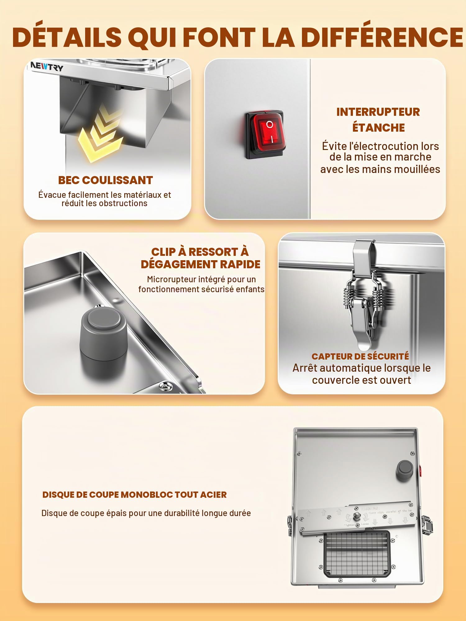 NEWTRY Coupe-légumes électrique 200W 3-en-1 Gastro Inox coupe | Moteur puissant, 150kg/h, coupe en dés, râpe, haute efficacité, durable, polyvalent pour restaurants, cantines, traiteurs