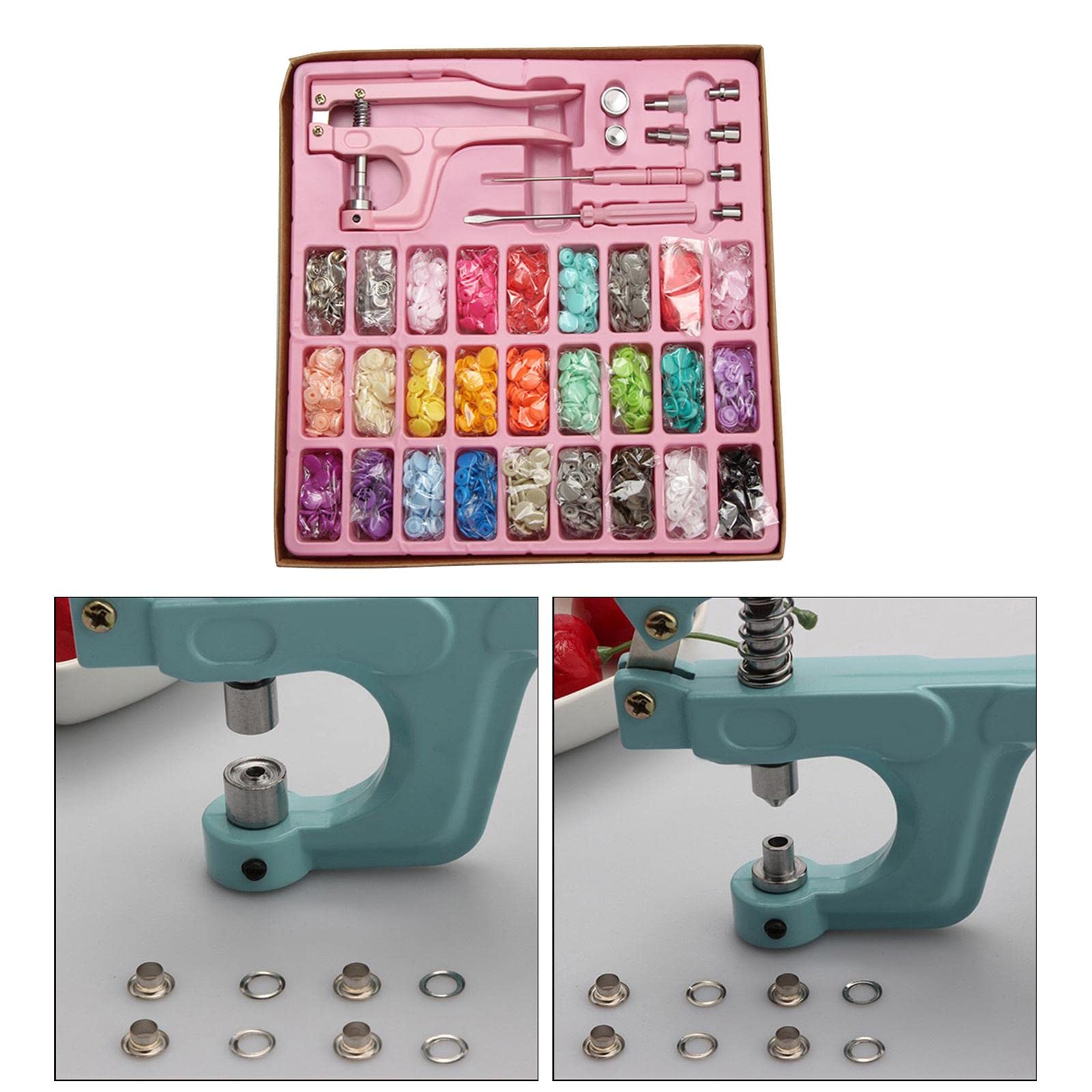 Kit di bottoni a pressione in metallo, 312 pezzi, con pinze, strumento per cucire, colore rosa