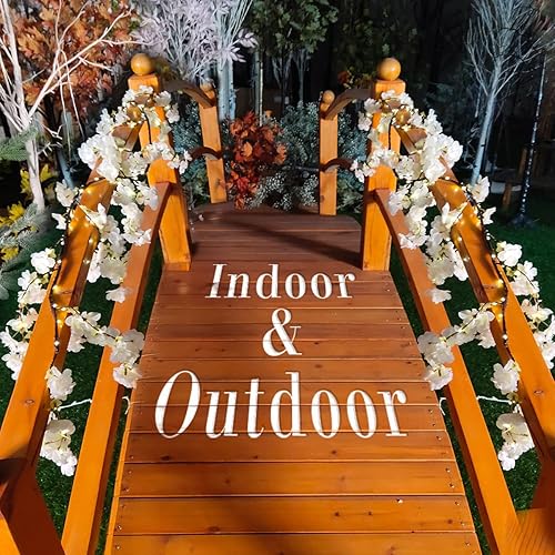 Miniatura 6 de Fudios - Guirnalda iluminada de flores de cerezo blancas con temporizador, 96 luces LED de hadas, 6 pies, guirnalda de vid artificial con luces,