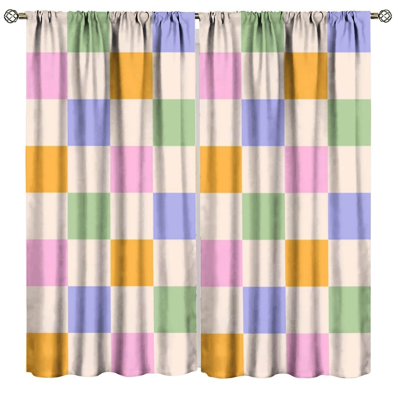 Orange Checkered Blackout Window Curtain, Multicolor 70s Funky Hippie Mid Century Aesthetic Groovy Modern Checkerboard for Home Kitchen Restaurant Decoration Window Drapes 2Panel 52"W X 84"L