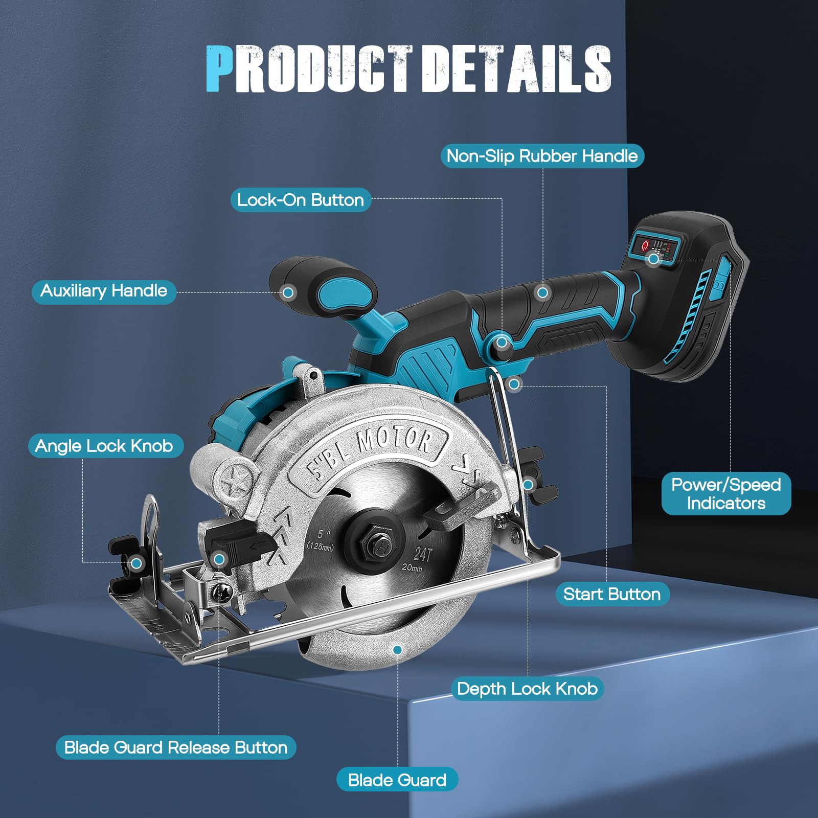 Sierra circular inalámbrica para Makita 18 V, batería de litio, sin escobillas, mini sierra circular 125mm de mano con 3 hojas, Corte 48mm, Inalámbrica para Madera y Bricolaje