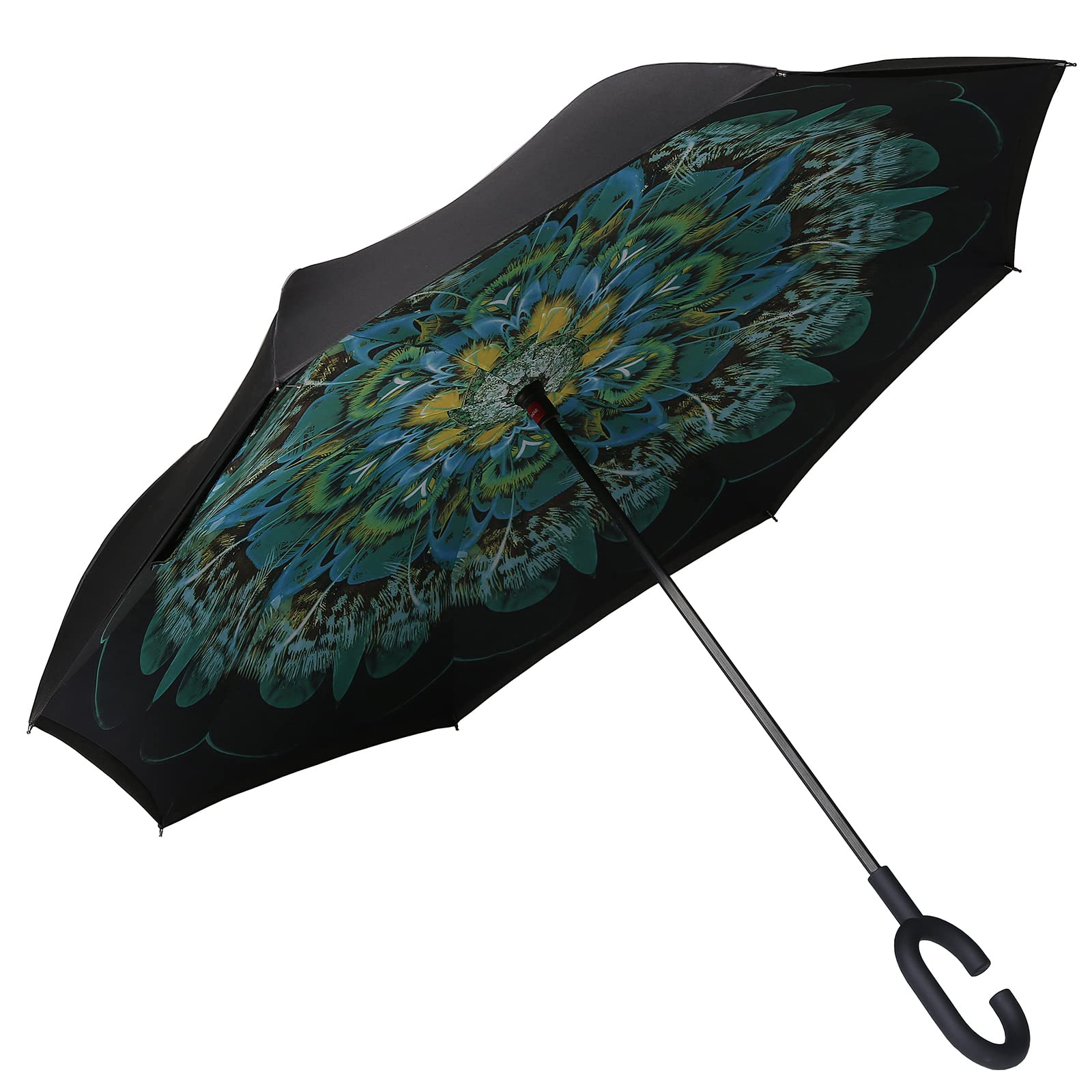 Amazon Brand - Eono Inverted Stockschirme, Winddicht Regenschirm, Reverse Stockschirme mit C Griff, Selbst Stehend, Double Layer, Schützen vor Sturm Wind, Regen und UV-Strahlung - Pfau