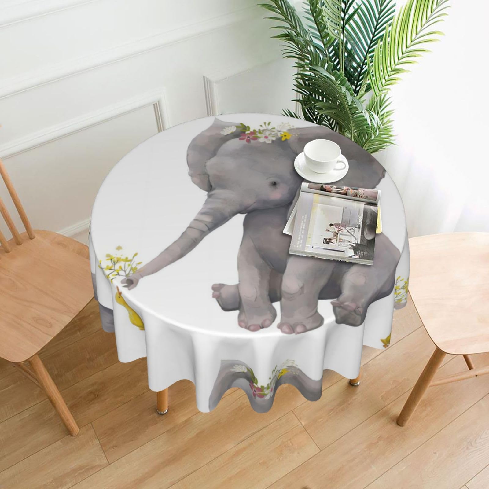 YYHWHJDE Cute Elephant With Wreath And Little Duck Prints 60in Round Decorative Tablecloth – High-Grade Polyester Throw for Stylish Dining & Event Table Protection