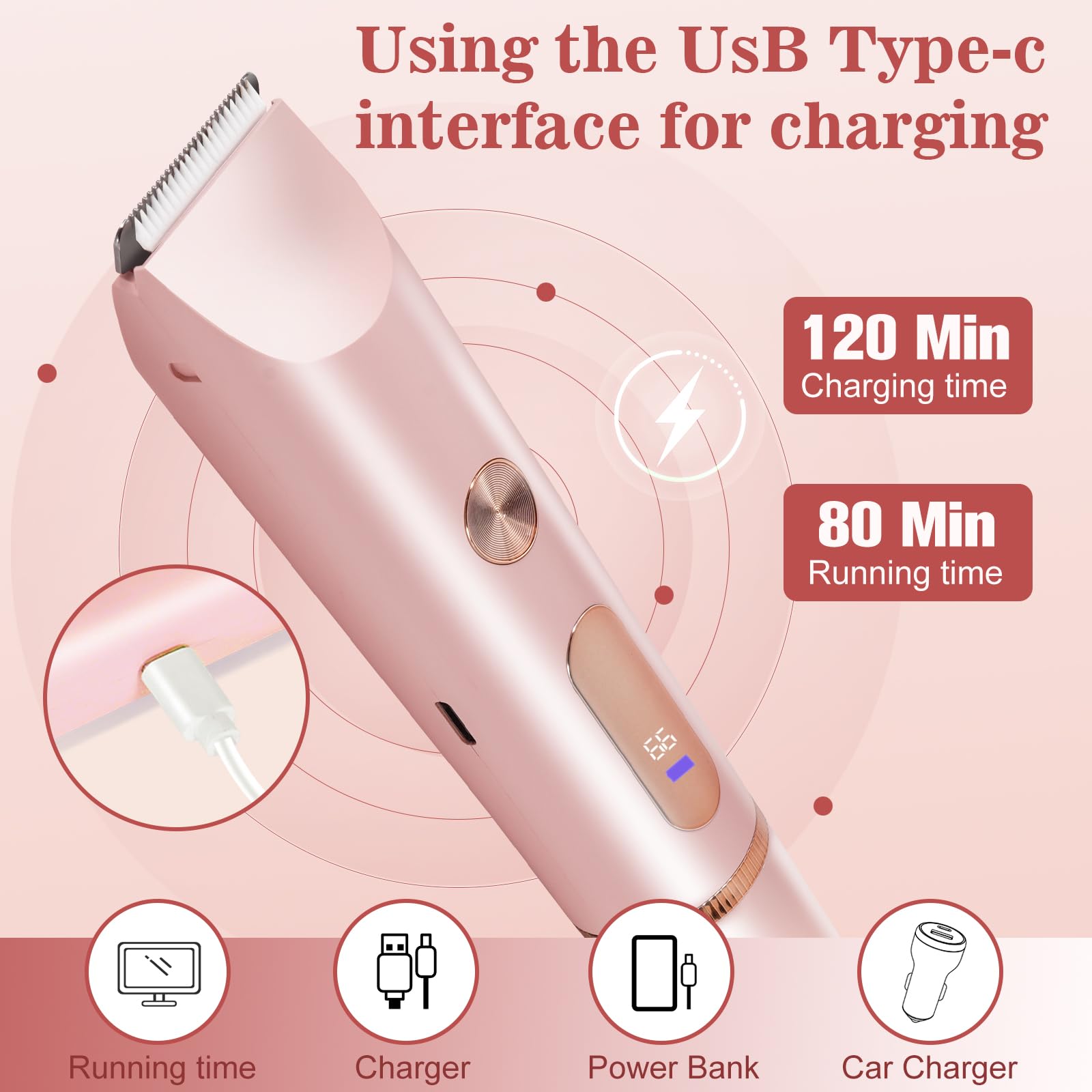 Bikini Trimmer for Women 2in1 High Power Epilators Hair Removal Waterproof Electric Razors Women's Electric Razor Pubic Hair Trimmer Shaver for Women for Ladies Pubic, Face, Underarms, Legs (Pink)