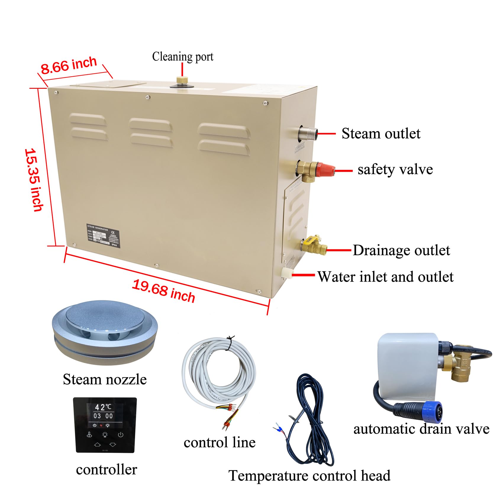 Generador de ducha de vapor, 15 kw para el hogar, comercial, kit generador de ducha de vapor, ducha de vapor, con sistema de autodrenaje, temperatura ajustable de 35.0 a 55.0 °C, espacio